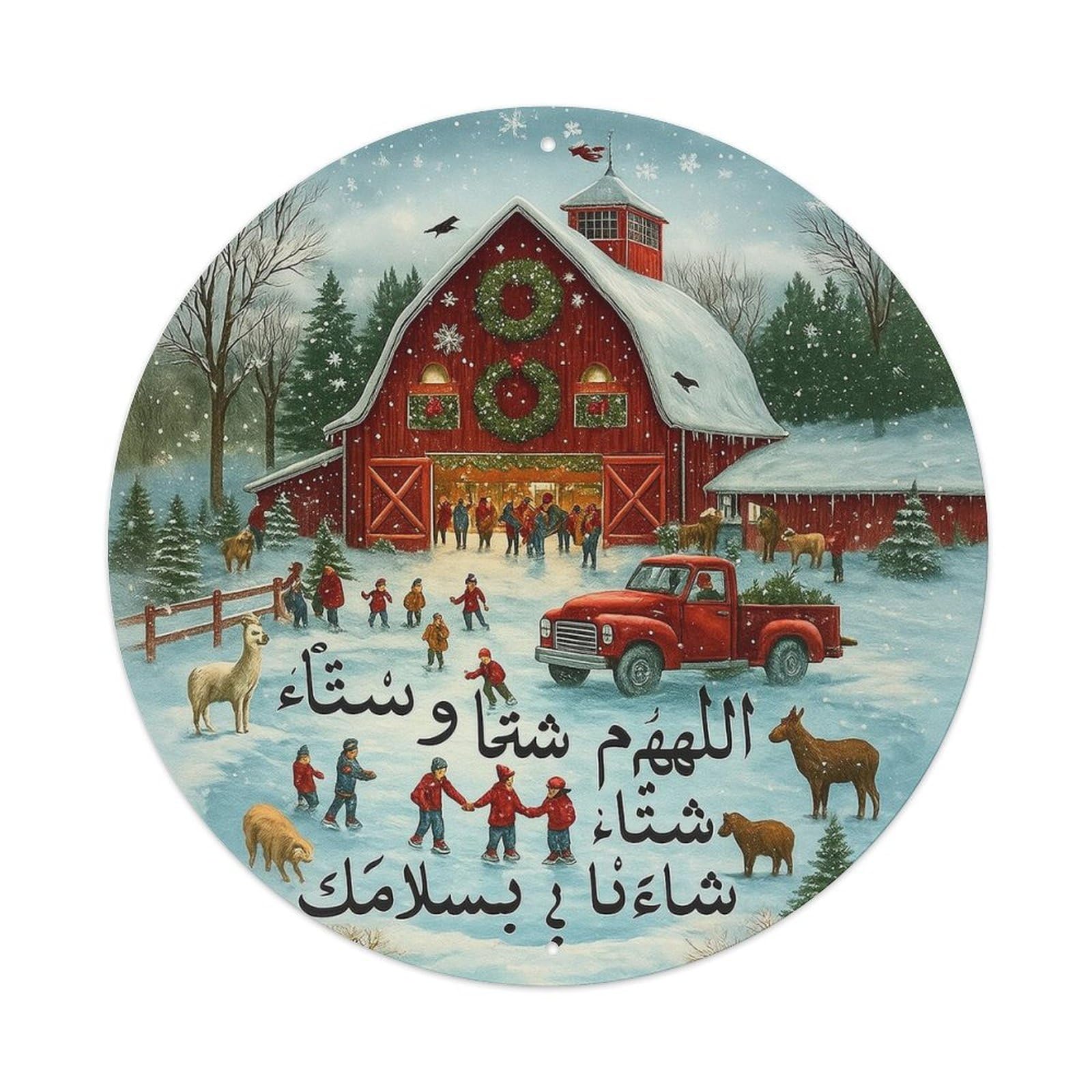 Winter Barn Scene With Animals And People Round Metal Tin Sign Vintage Wall Decor, Bar Garage Cafe Kitchen Home Wall Art Poster 8x8inches