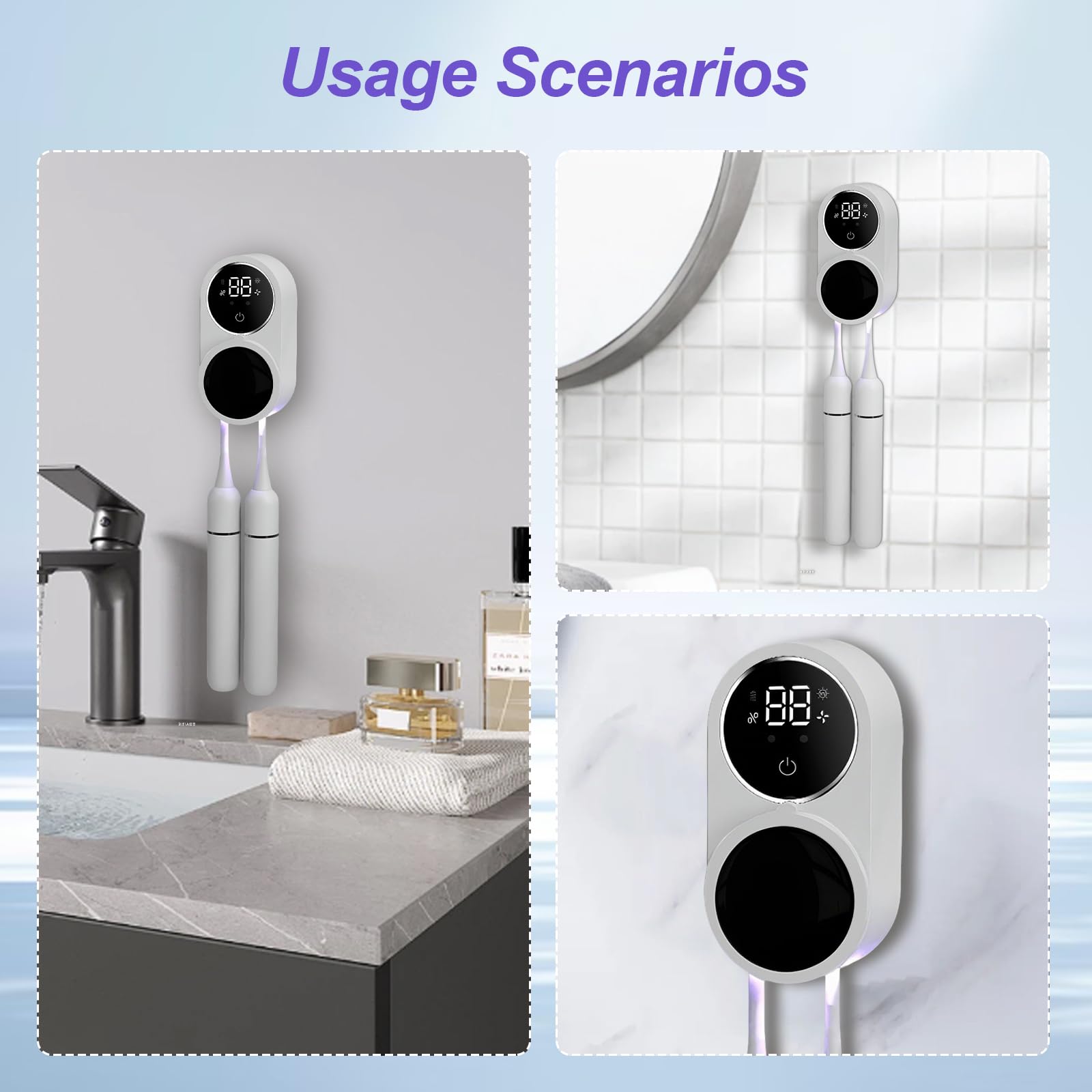 Porte-Brosses à Dents Stérilisateur UV avec Capteur Automatique, Affichage LED, Désinfection 99,9% & Séchage à l'Air, Rechargeable Murale pour 2 Brosses à Dents