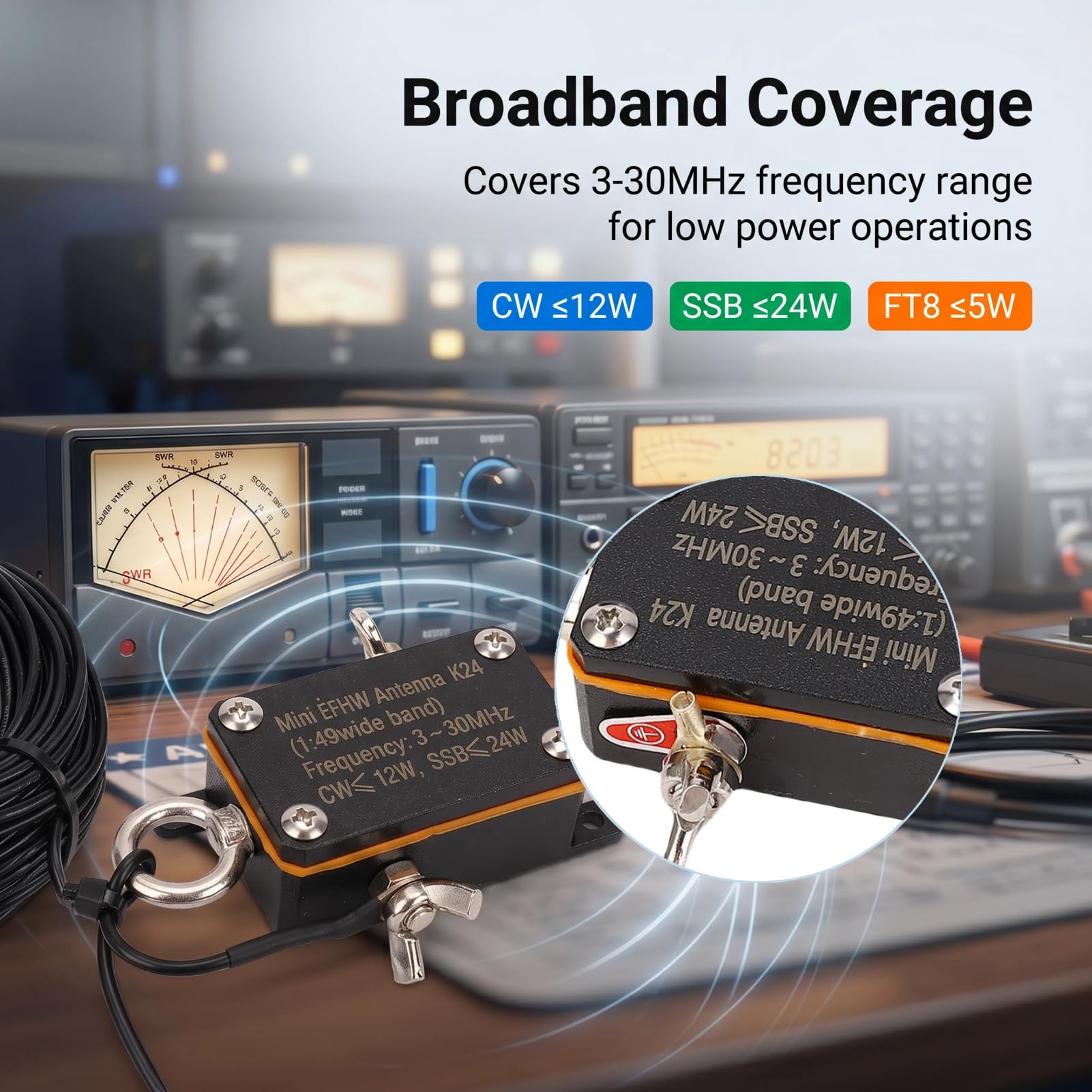 Przenośna Antena HF z końcówką 3-30 MHz, Szerokopasmowa, Bez Strojenia, Wielopasmowa do Radia Krótkofalowego z torbą do Przechowywania Lekka, Kompaktowa 12 W CW 24 W SSB 40 M 20