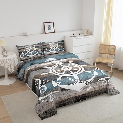 Miniatura 2 de Erosebridal Juego de edredón de ancla náutica, juego de ropa de cama con brújula oceánica, tamaño individual para niños, adolescentes y adultos,