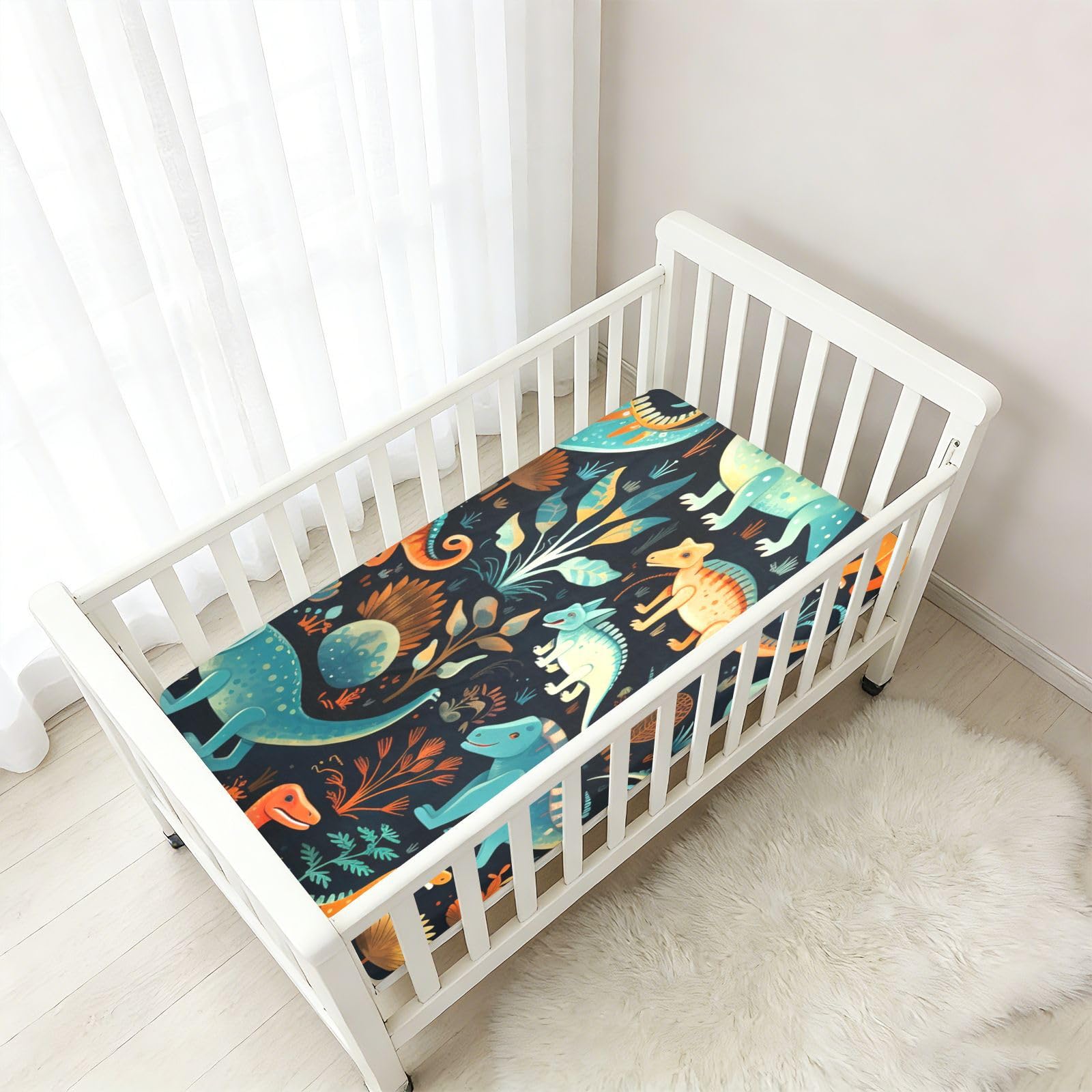 Dinosaurios Coloridos del Arte Negro Sábana de Cuna para Niños Pequeños,Sábanas de Algodón Suave para Bebés Aptas para Colchón Corralito