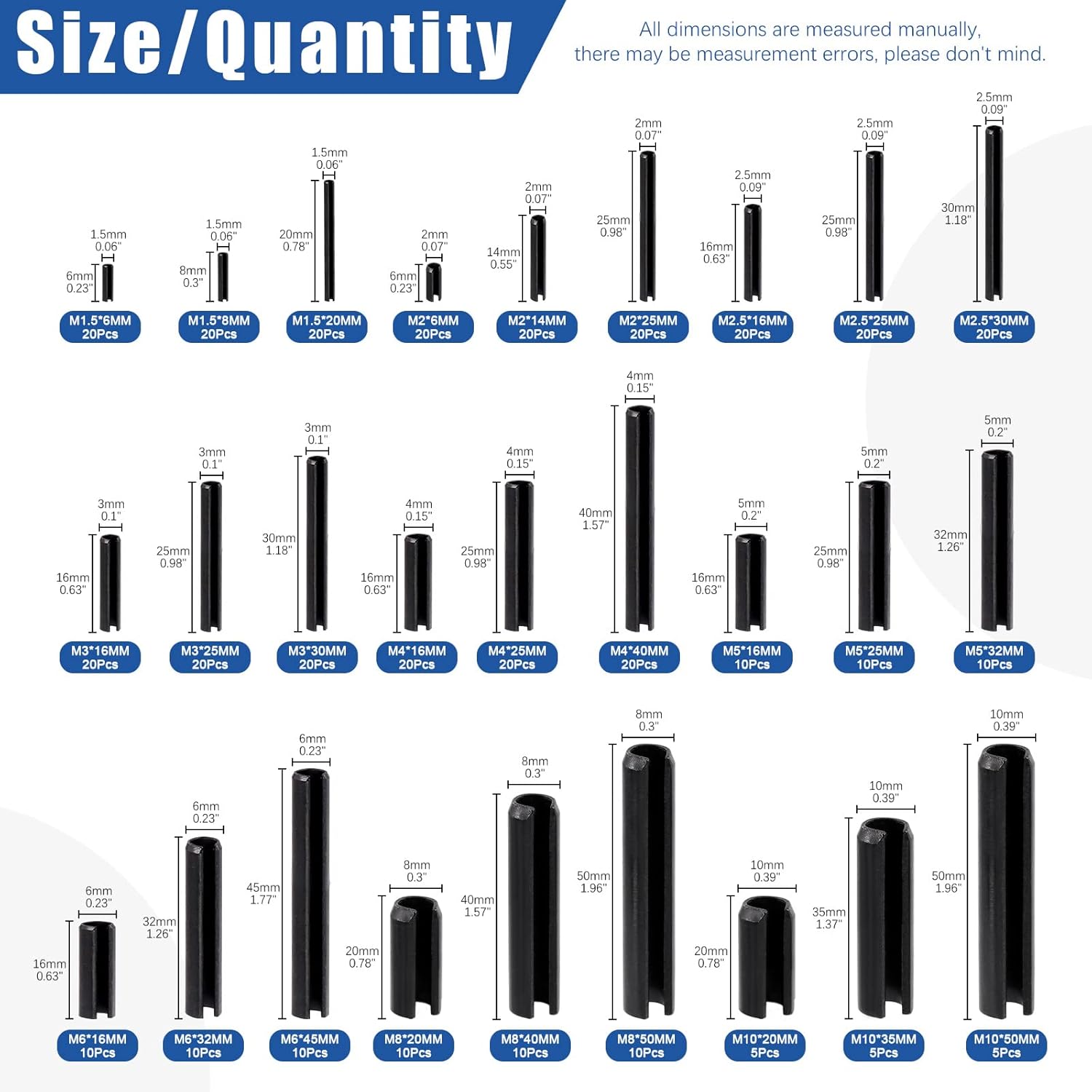 Glarks 405Pcs 27 Sizes Roll Pin Assortment Set, M1.5 M2 M2.5 M3 M4 M5 M6 M8 M10 Slotted Spring Pins Split Spring Dowel Hardware Assortment Kit for Home Improvement Automotive Repair