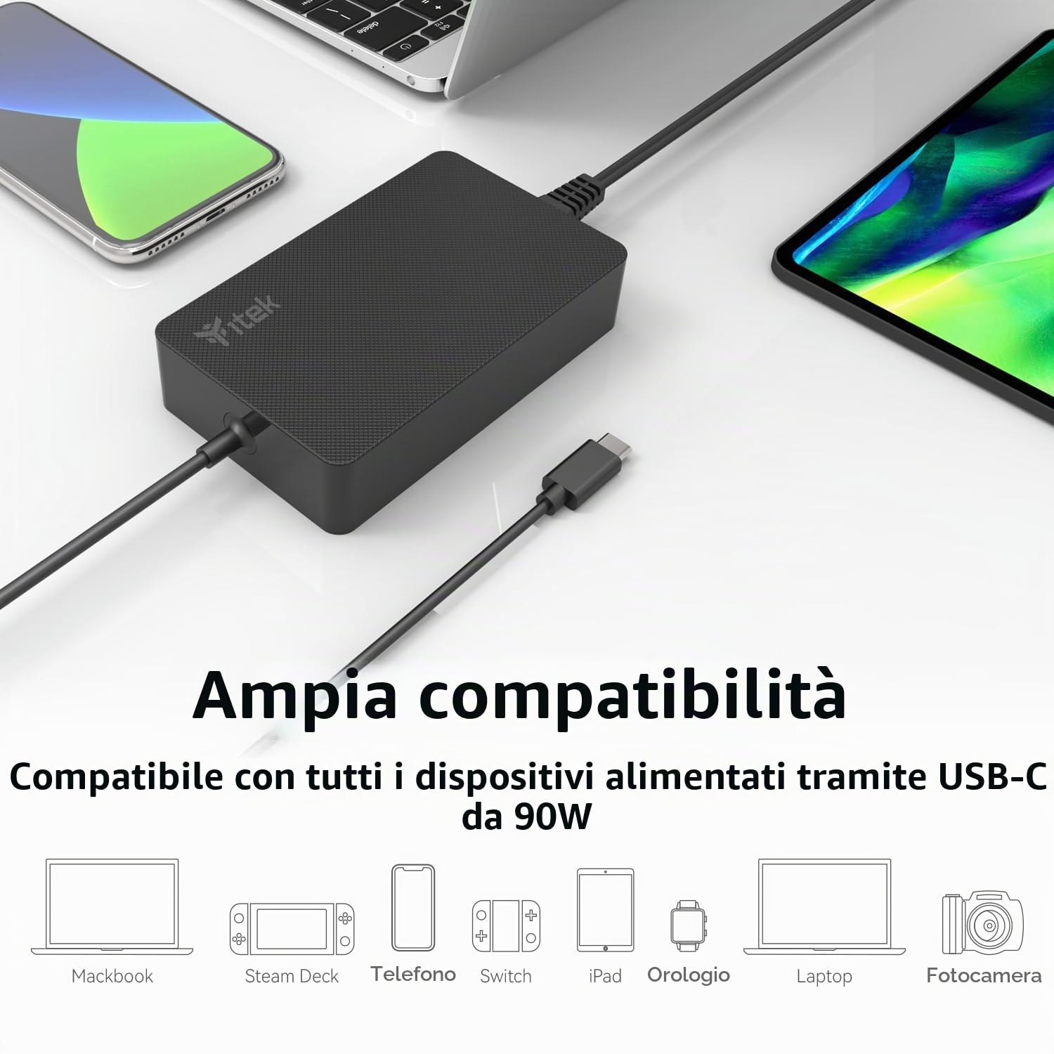 Itek Caricatore Alimentatore 90W USB C e TYPE C per Notebook, Laptop, Macbook, Tablet, Smartphone, Console, Macchine fotografiche e Dispositivi USB C