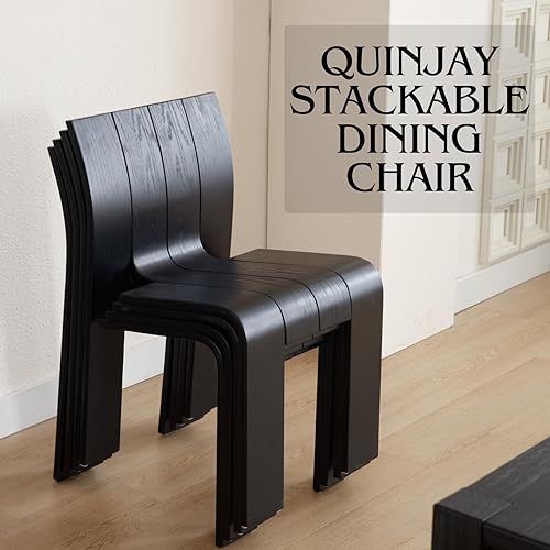 Miniatura 5 de Juego de 4 sillas de comedor de madera negra, sillas de comedor modernas de mediados de siglo con respaldo de madera maciza curvado, sillas