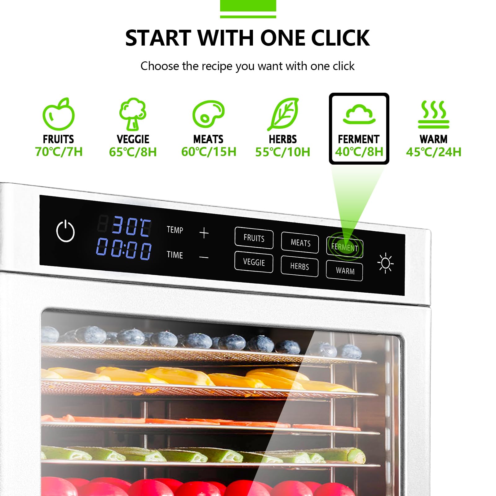 Dörrautomat Edelstahl mit 12 Edelstahlgitter - 800 W - 6 Voreinstellungen für Dörrgerät Dehydrator Obsttrockner Dörrapparat