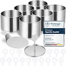 HAUSPROFI Dessert Rings Set of 6 (Diameter 7.5 cm) with Lid and Base 16 Stencils, Stainless Steel Serving Rings, Food Rings, Sideboard Rings, Seamless Mousse Shape, Small Cake Ring for Baking, Desserts, Mousse and Serving
