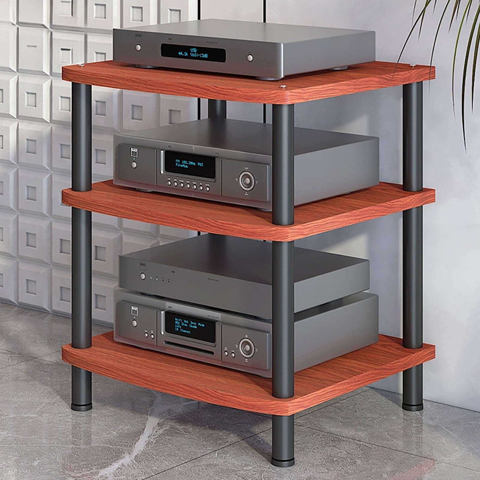 Modern AV Media Stand, 3-Tier Stereo Cabinet with Carbon Steel Frame, Wooden Storage for TV, DVD Players &amp; Accessories(Brown,3 Tier 60x54x66CM)