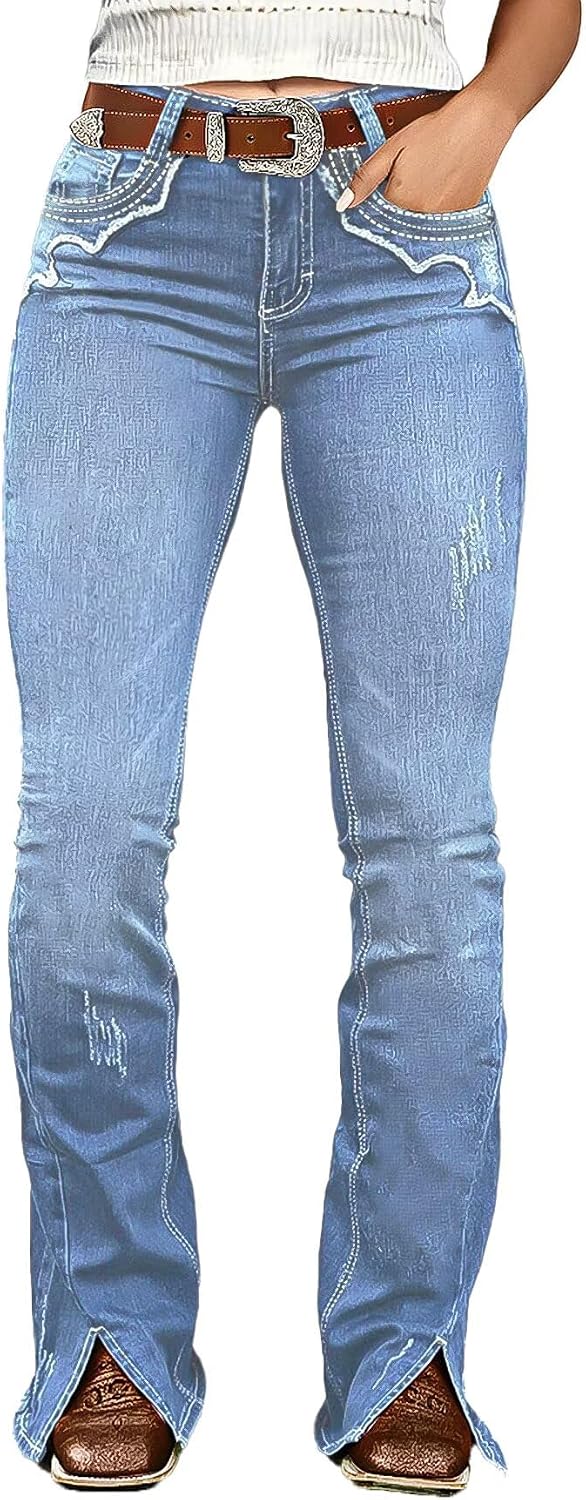 Flamingals Bootcut Mid Rise Jeans for Women Split Ripped Stitch Curvy Western Denim Pants Without Belt