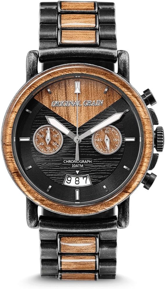NEW Original Grain Wood Wrist Watch | Alterra Collection 44MM Chronograph Watch | Wood And Stonewashed Stainless Steel Watch Band | Japanese Quartz Movement | Koa Wood