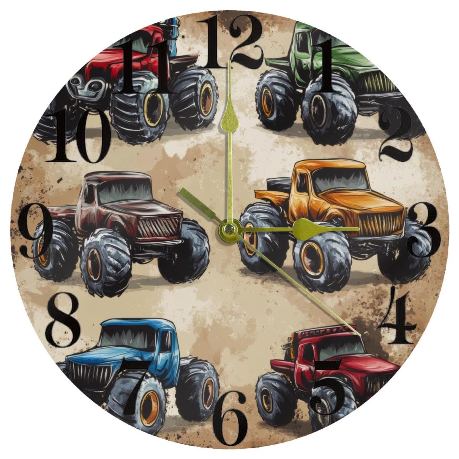 Horloge murale Monster Trucks silencieuse à piles pour école et maison
