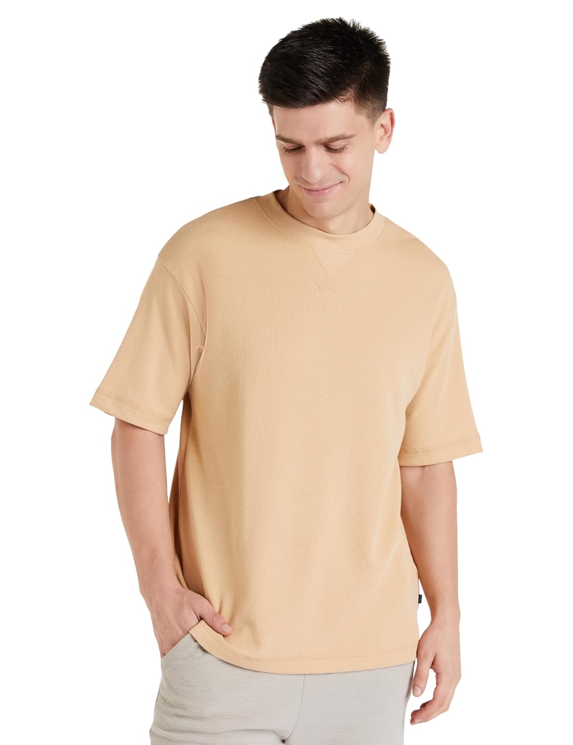 Amazon Brand – Symbol Men’s Fit Solid Short Sleeve Oversized Round Neck Waffle T-Shirt