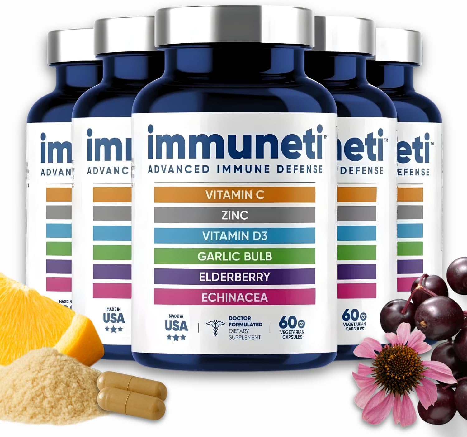 Immuneti - Advanced Immune Defense, 6-in-1 Powerful Blend of Vitamin C, Vitamin D3, Zinc, Elderberries, Garlic Bulb, Echinacea - Supports Overall Health, Provides Vital Nutrients & Antioxidants