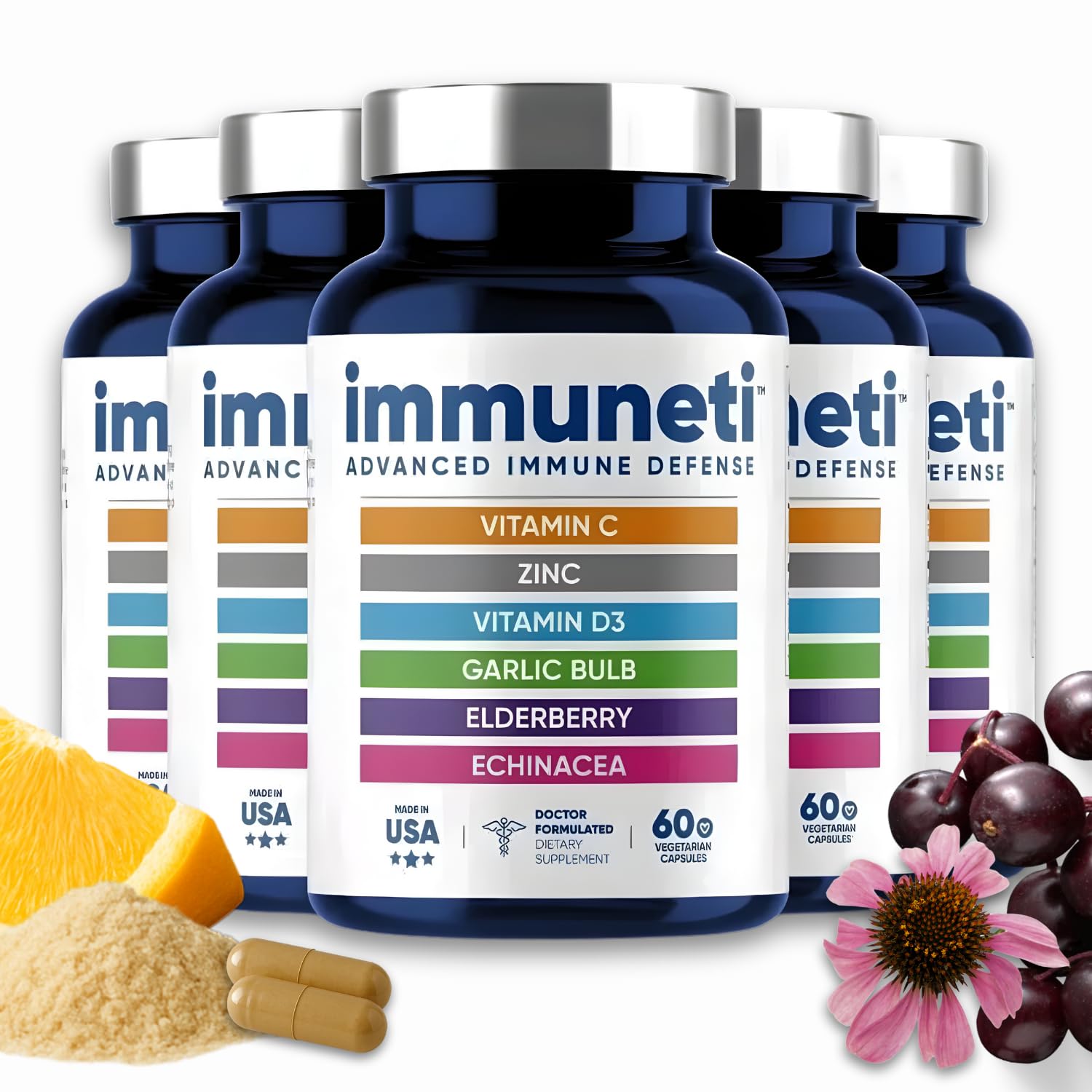 Immuneti - Advanced Immune Defense, 6-in-1 Powerful Blend of Vitamin C, Vitamin D3, Zinc, Elderberries, Garlic Bulb, Echinacea - Supports Overall Health, Provides Vital Nutrients & Antioxidants