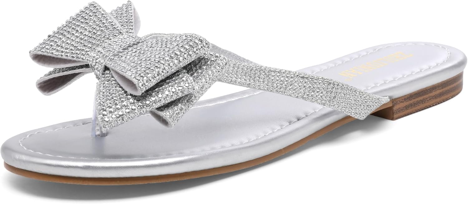 Womens Flat Bow Sparkly Flip Flop Sandals,Ladies Rhinestones Comfortable Thong Slide Dressy Casual Cute Trendy Vacation Beach Slip on Glitter Slippers Shoe