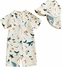 JiAmy Baby Boys Swimming Costume with Sun Hat Short Sleeve Zip Up Rash Guard Sun Protection Beach Swimsuit Infant Toddler One Piece Bathing Suits 6M-5Y