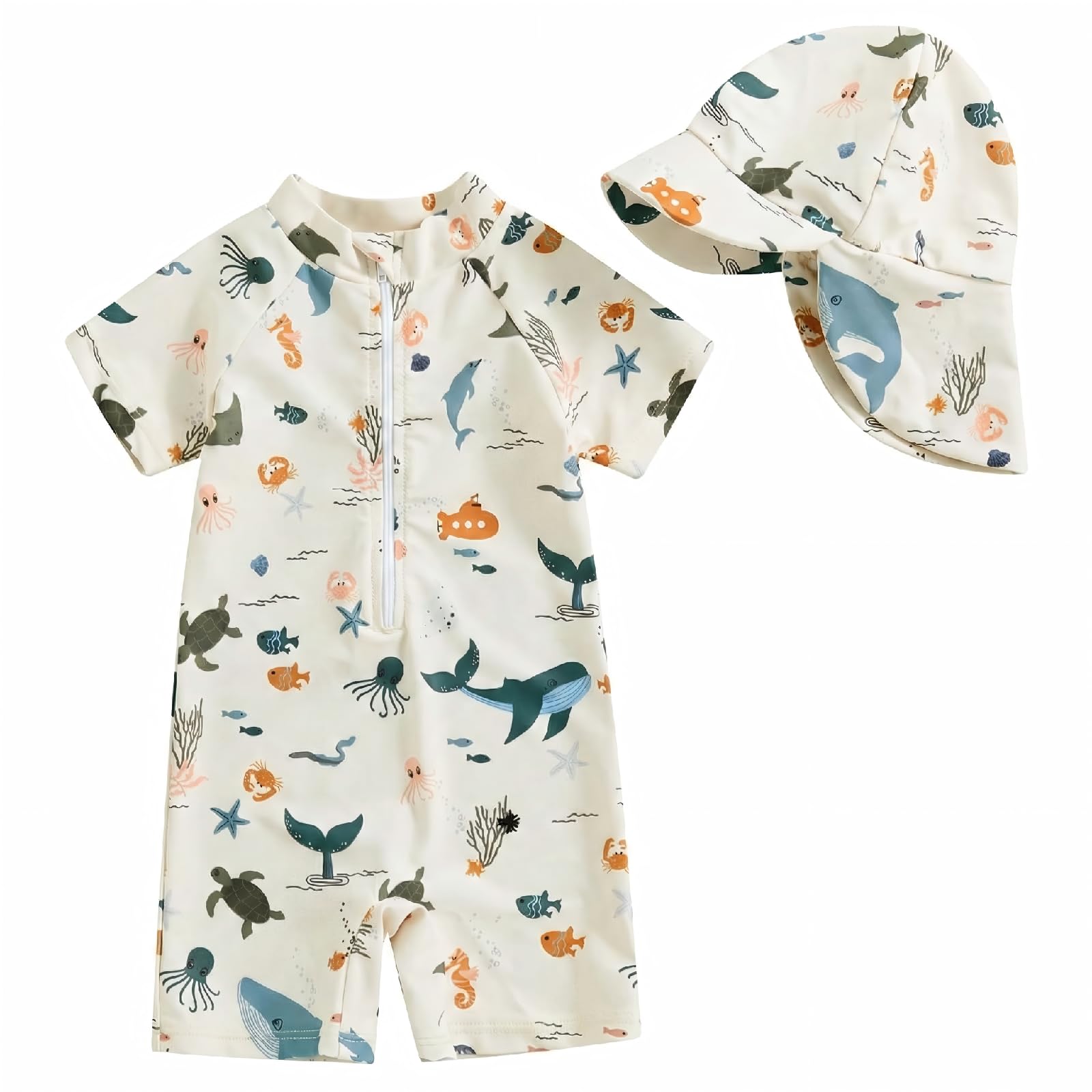 JiAmy Costume da bagno per bambino con cappello da sole a maniche corte con cerniera, protezione solare da spiaggia, 6M-5Y