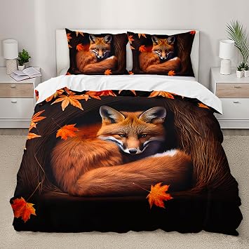 AILONEN Fox Duvet Cover Set، كامل، مجموعة 3 قطع، 1 غطاء لحاف، 2 سادات، برتقالي، طباعة أوراق القيقب الخريف، فراش أطفال بنات