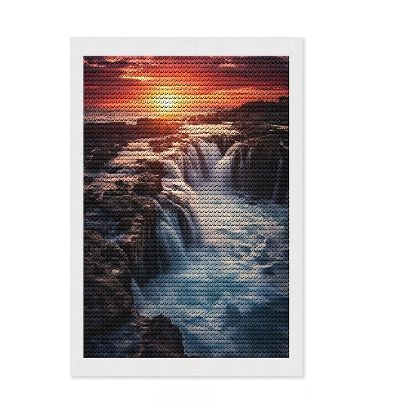 Junmoney Waterfall at Sunset Diamond Art Canvas 8"x12", Relaxing DIY Hobby, Satisfying Creative Project, Farmhouse Decor, for Women