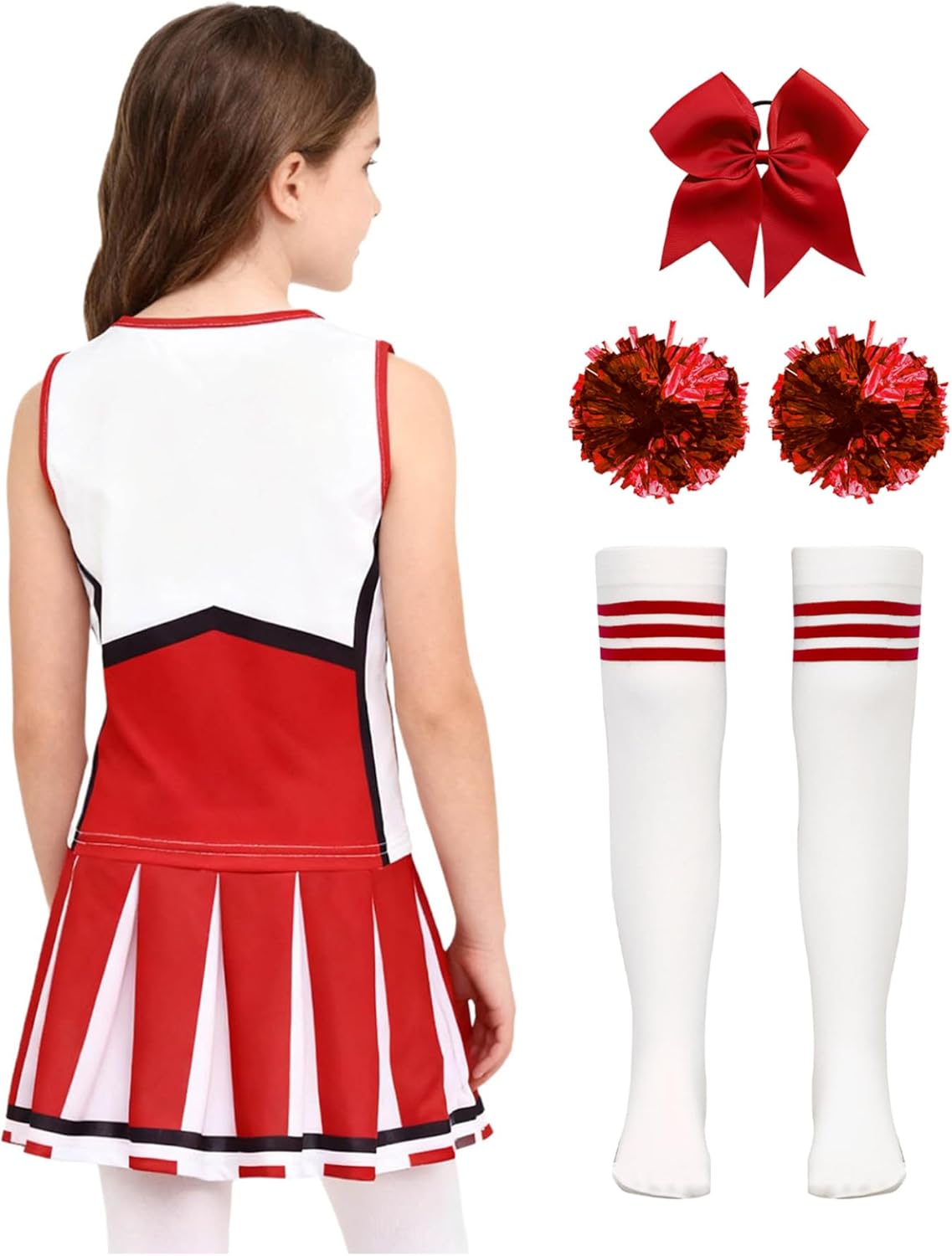 Girls Kids Cheer Leader Uniform Sport Meeting Cheerleading Sleeveless Top and Skirt with Accessories