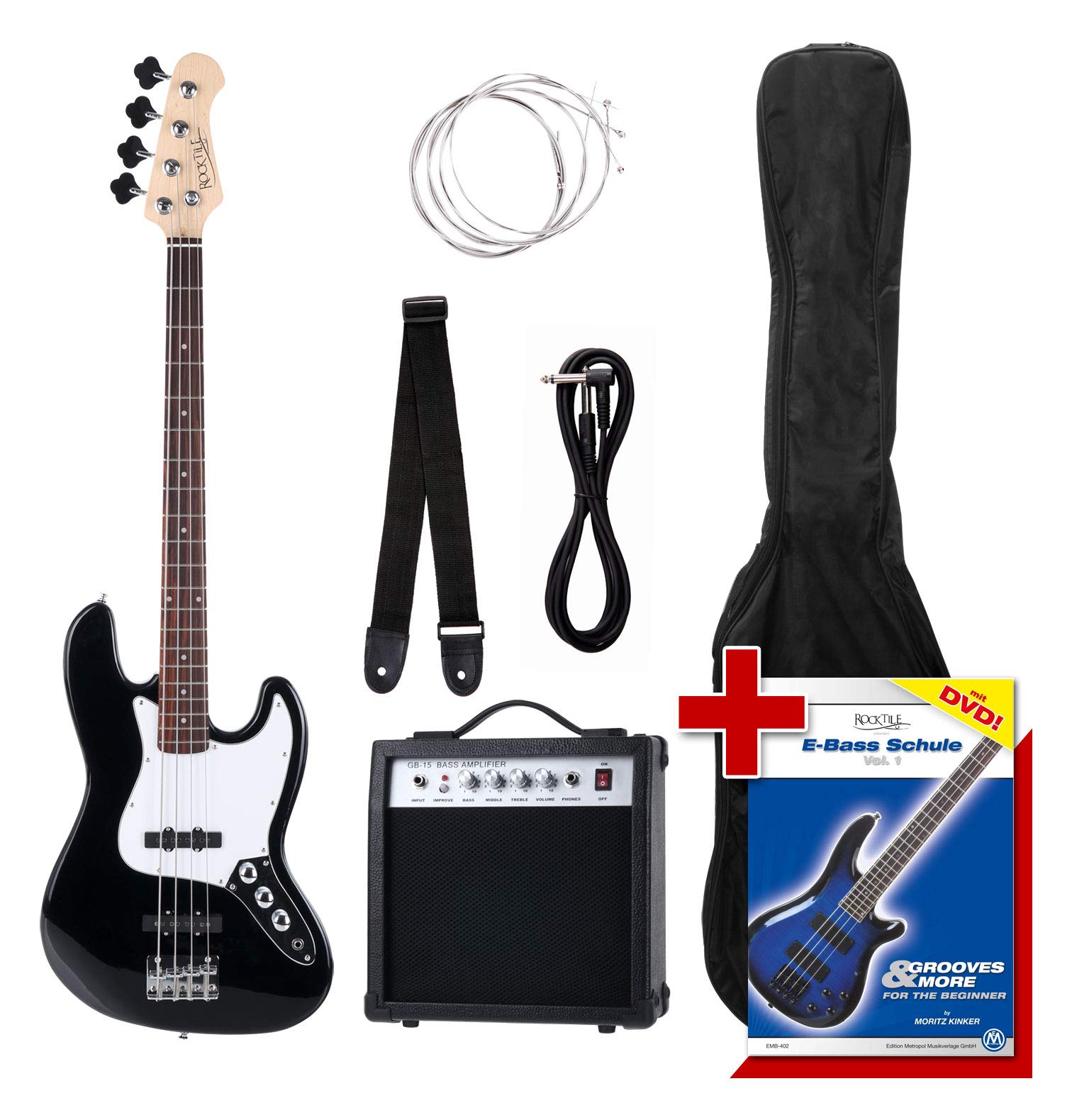 Rocktile Groover's Pack JB E-Bass Set Completo Nero (Amplificatore, Custodia, Cavo, Tracolla, Corde di Ricambio e Scuola con DVD)