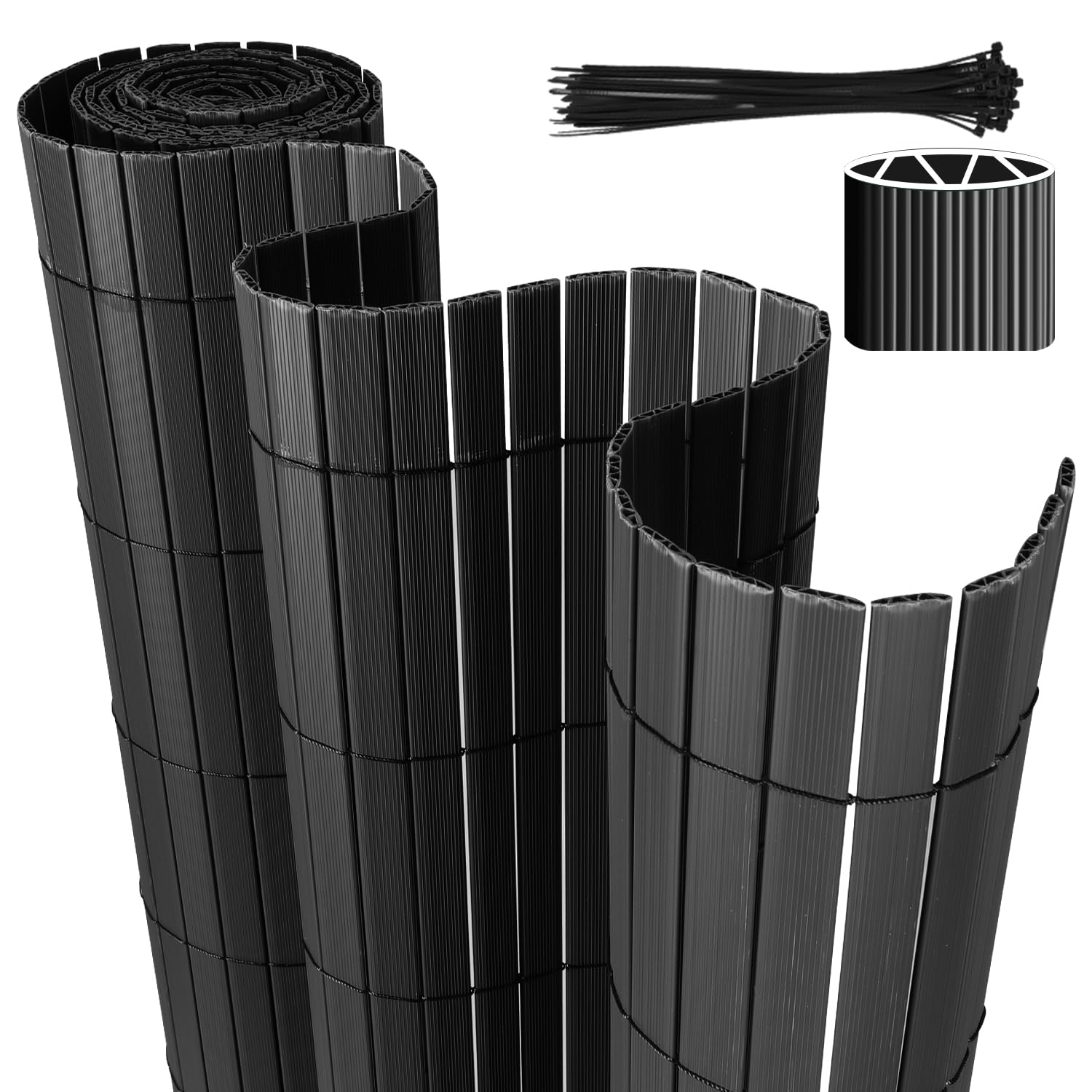 Eulenke PVC Sichtschutzmatte, 90 x 600cm Sichtschutzzaun mit Kabelbindern, Innen W-Struktur Verstärkte Lamellen, Windschutz Balkon sichtschutz für Zaun Garten Terrasse, Anthrazit