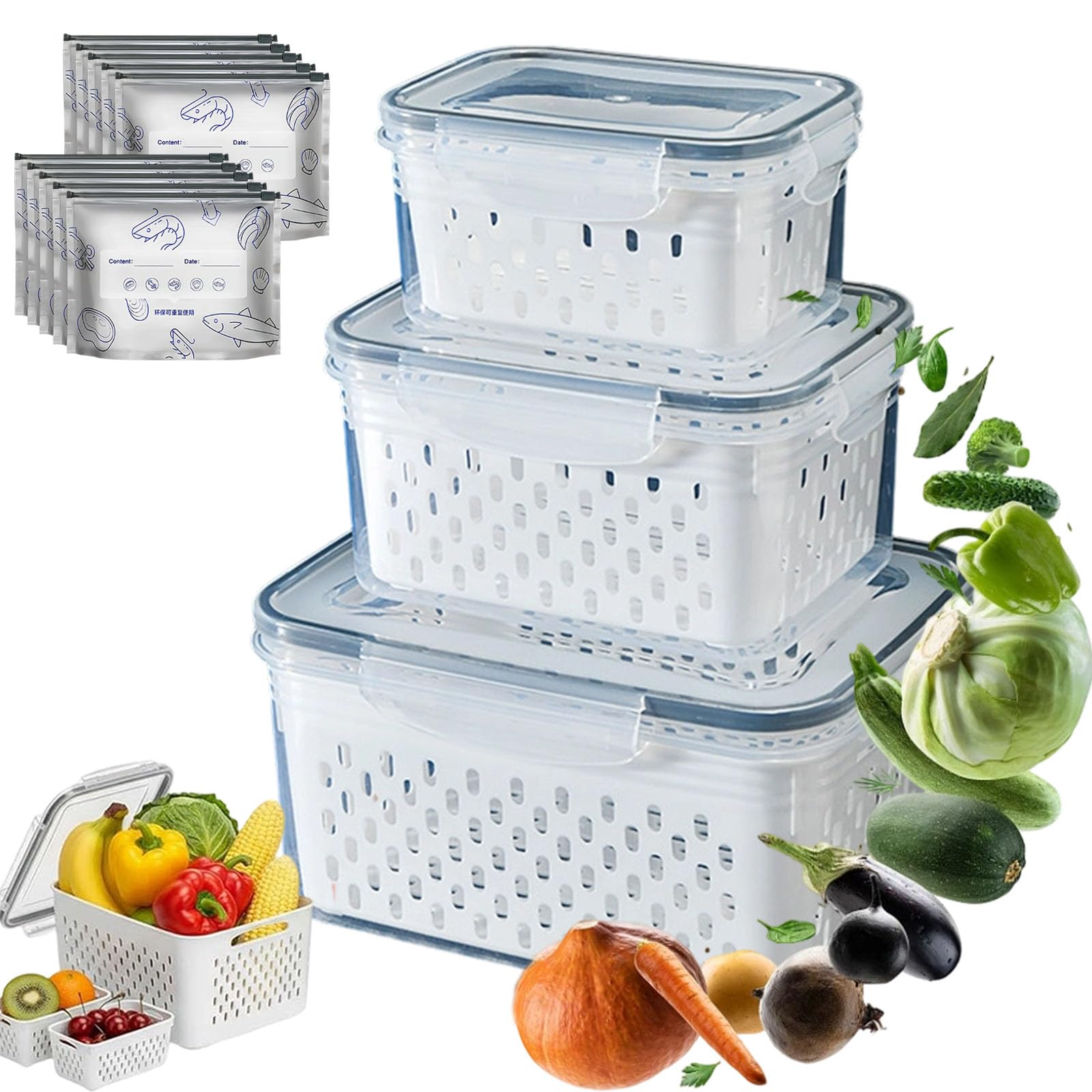 tiwuuyo Fruit Storage Container Set for Fridge with Removable Colander, Refrigerator Food Storage Containers with lids, Fruit and Vegetable Storage Organiser, Keep Food Berries Fresh (blue 3pcs)