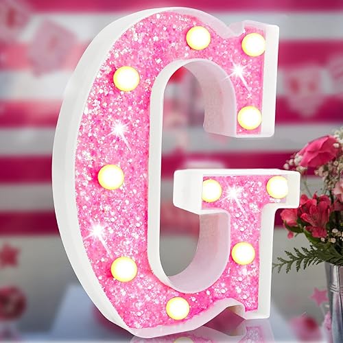 Letras rosadas iluminadas, letras del alfabeto, letreros con purpurina, letras LED de marquesina de color rosa, que funcionan con pilas, para