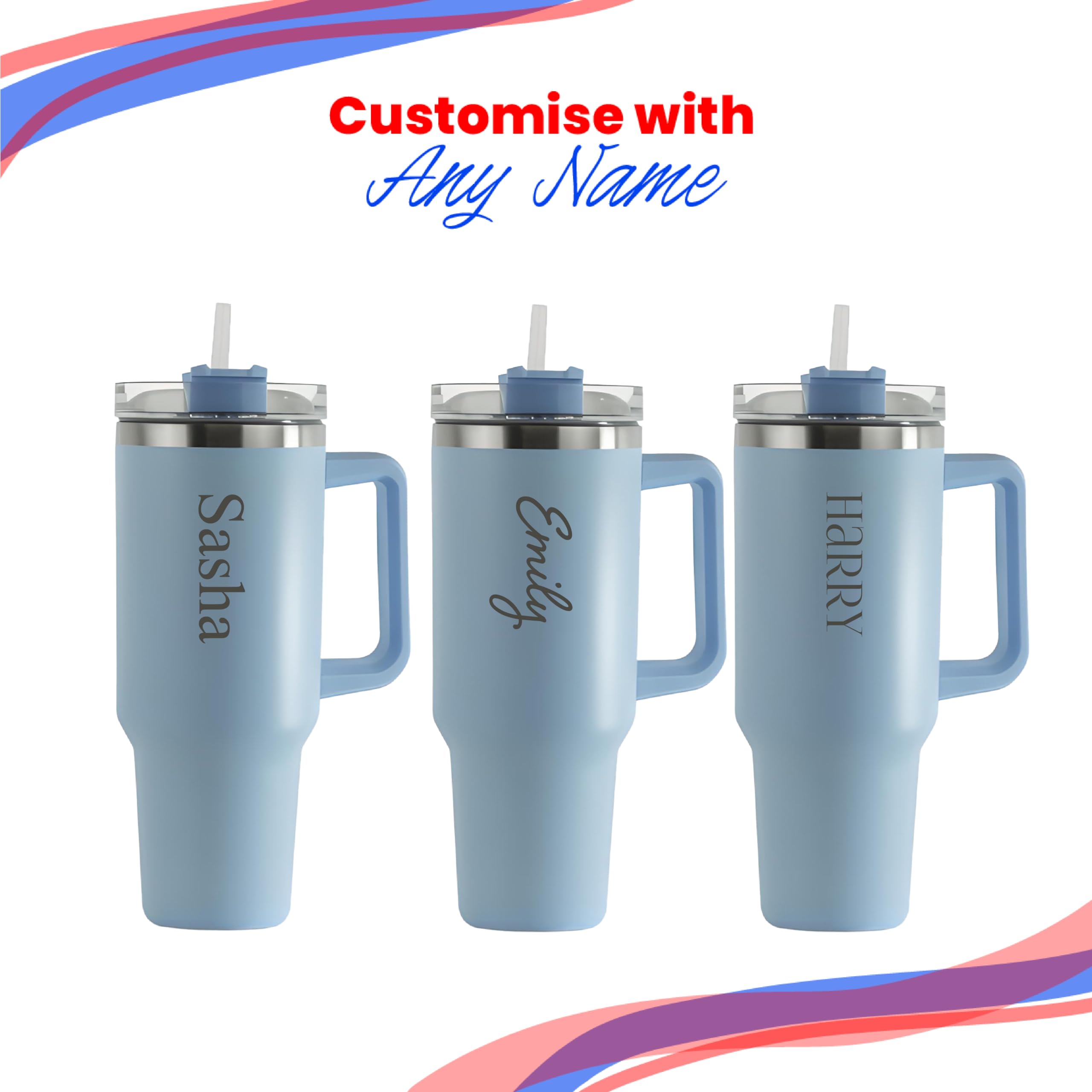Vaso térmico grabado personalizado, taza de viaje aislada de 40 onzas/1135 ml, taza de café de viaje grande azul claro, personalizable con cualquier nombre y fuente, acero inoxidable, popote y asa