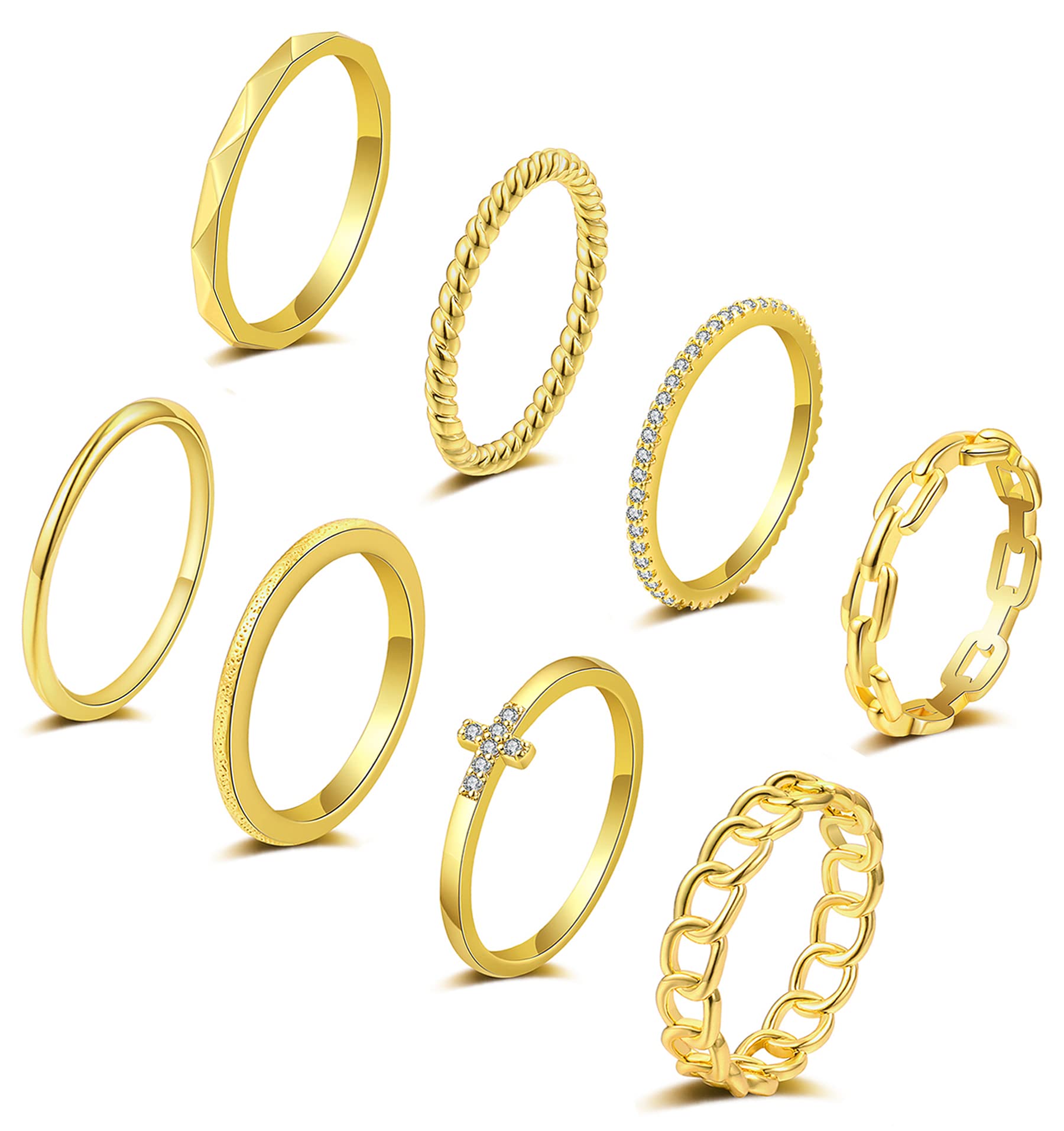 TOBENY8PCS 14K Gold Plated Stacking Rings for Women Gold Silver Knuckle Stackable Rings Size 4 to Size 11 1.5mm/2mm/3.8mm Eternity Wedding Band Rings