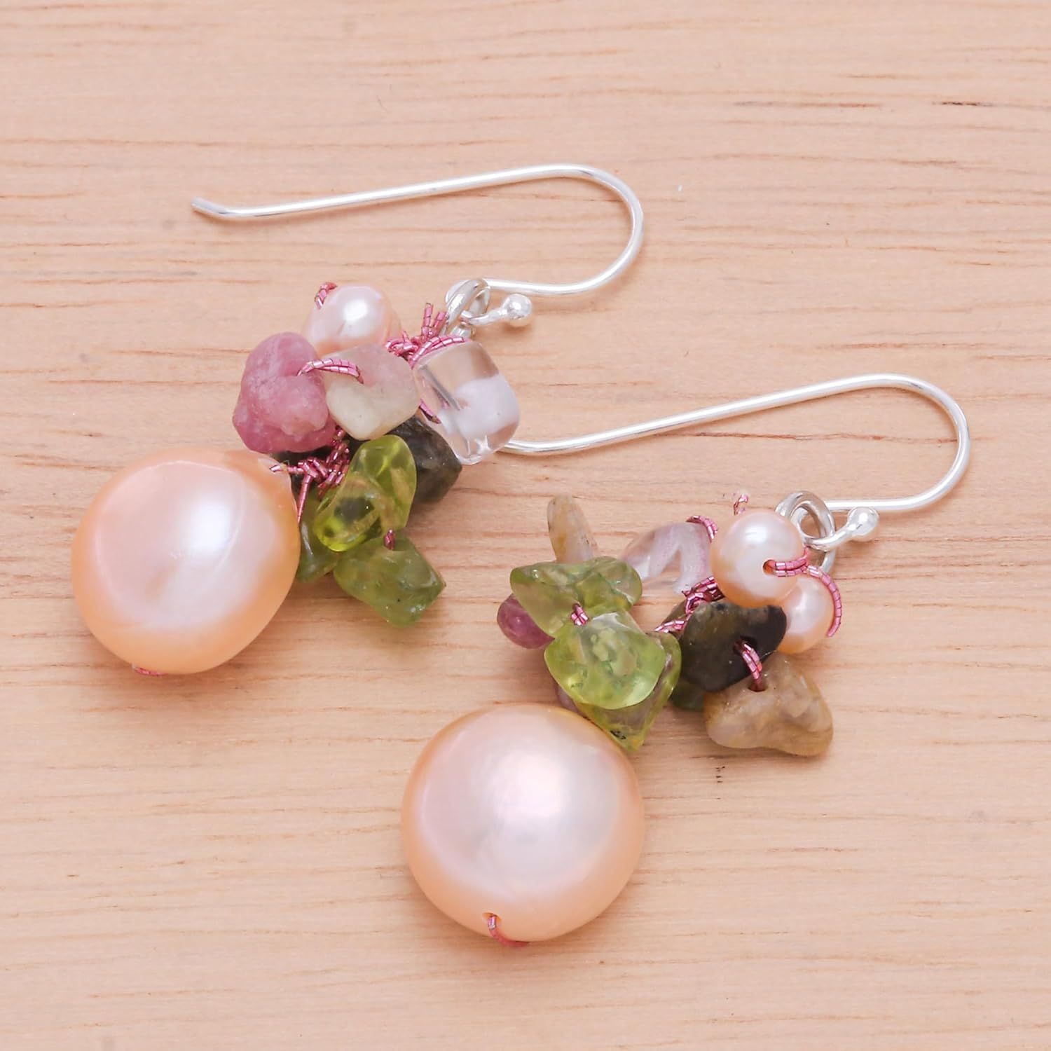 NOVICA Multi-Gem Tourmaline Dyed Pink Cultured Freshwater Pearl .925 Silver Beaded Earrings
