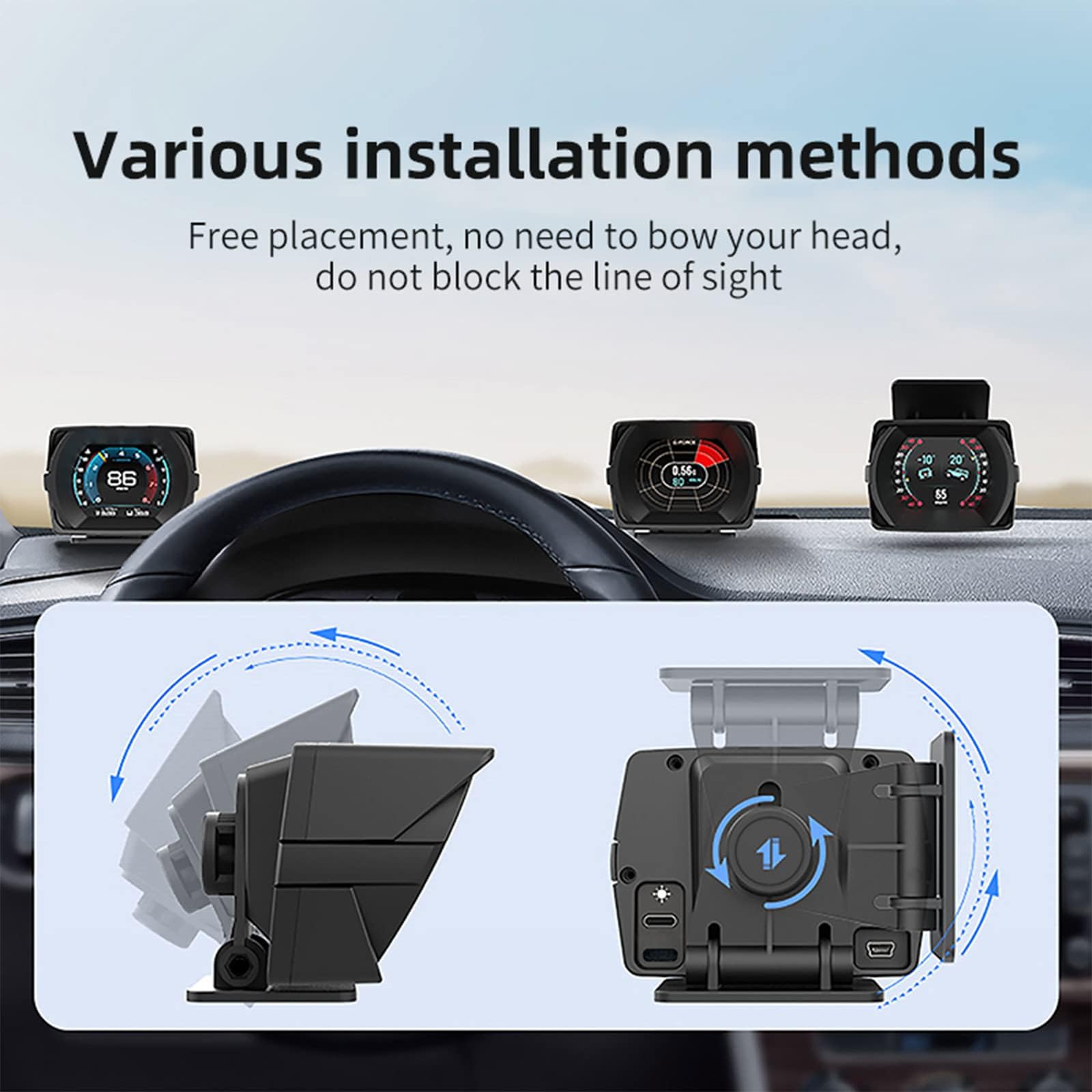Heads up Display Car, Visualizzazione di una varietà di dati dell'automobile, Gradiente delle condizioni dell'automobile, Tachimetro, Applicabile a tutte le auto