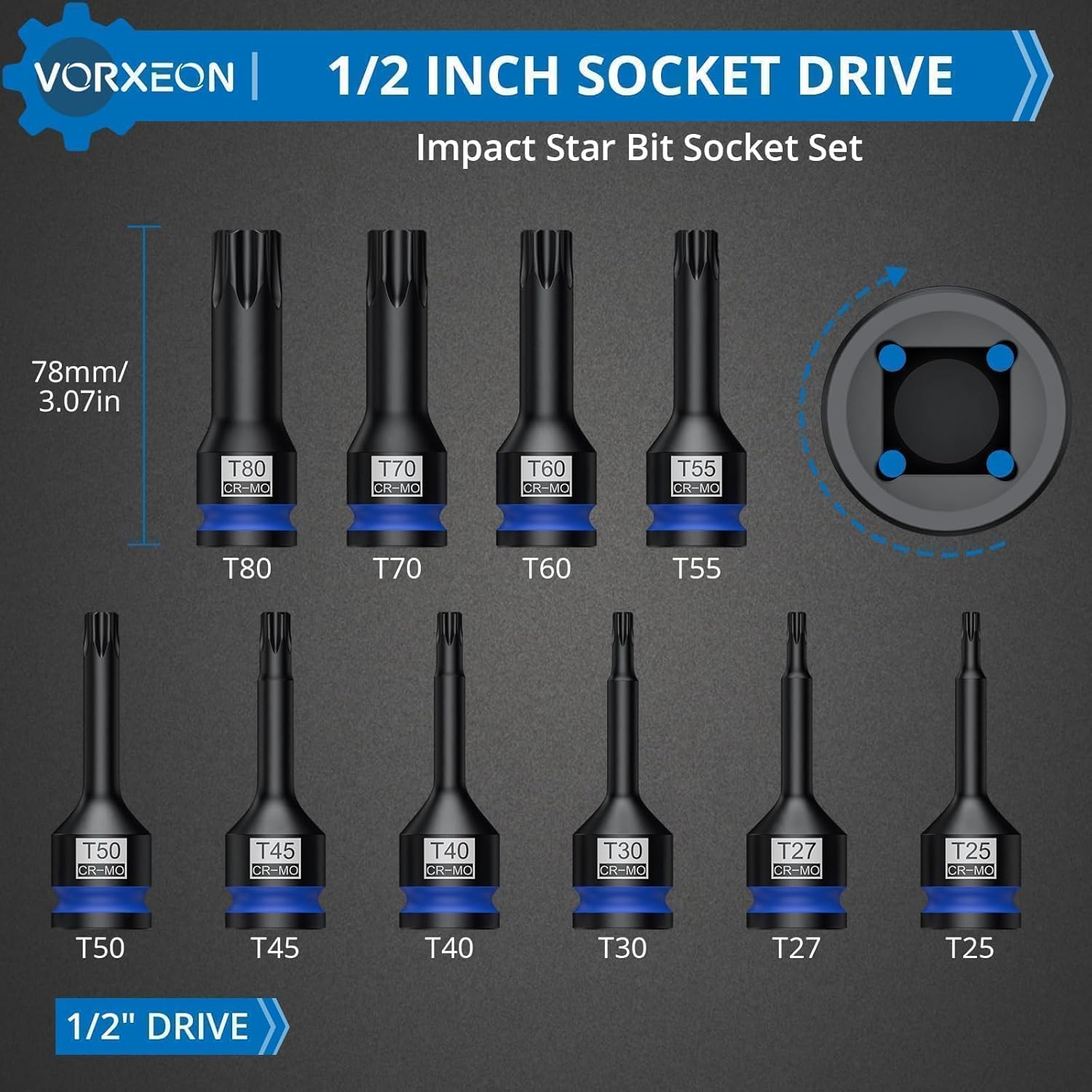 10 PCS 1/2" Drive Impact Star Bit Socket Set 42CRMO With Storage Case, Impact Torx Socket T25 T27 T30 T40 T45 T50 T55 T60 T70 T80