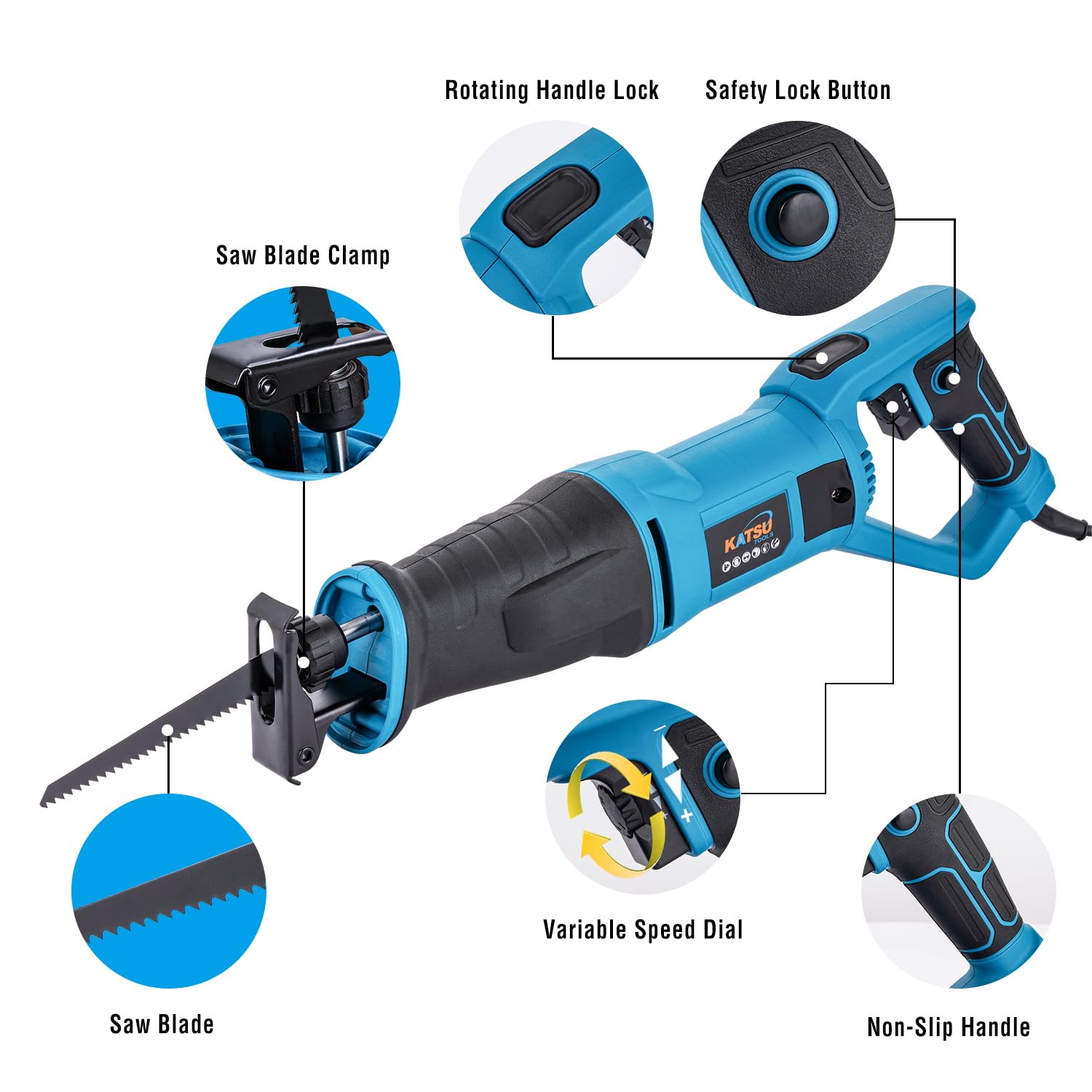 KATSU Tools Sierra alternativa de 750 W, carrera de 20 mm, 2800 rpm, velocidad variable, sierra de sable eléctrica con cable para cortar madera, metal y PVC