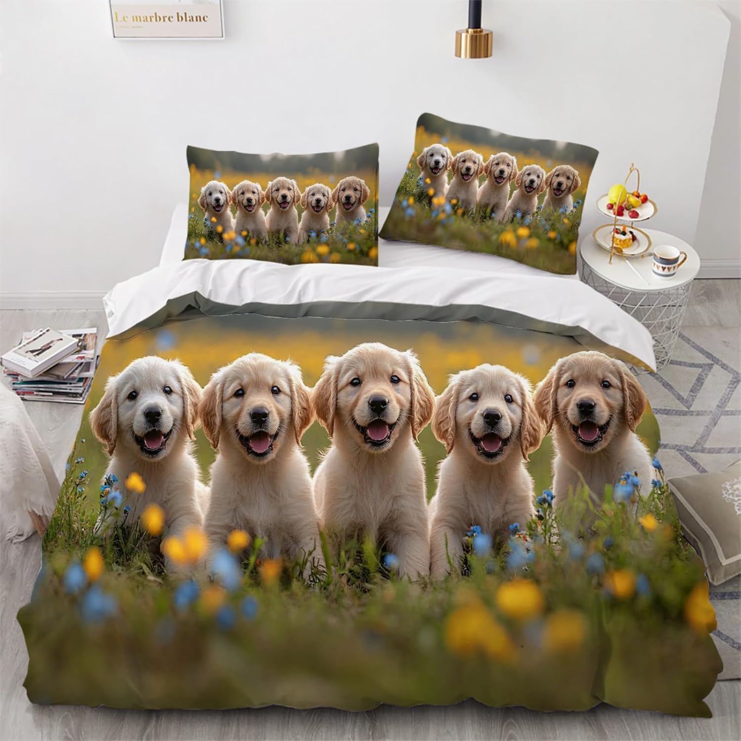 Komplet pościeli 220 x 240 cm, Golden Retriever, miękka pościel z mikrofibry, poszewka na kołdrę z nadrukiem 3D, urocze zwierzęta i zwierzęta domowe, 3-częściowy, poszwa na kołdrę z zamkiem