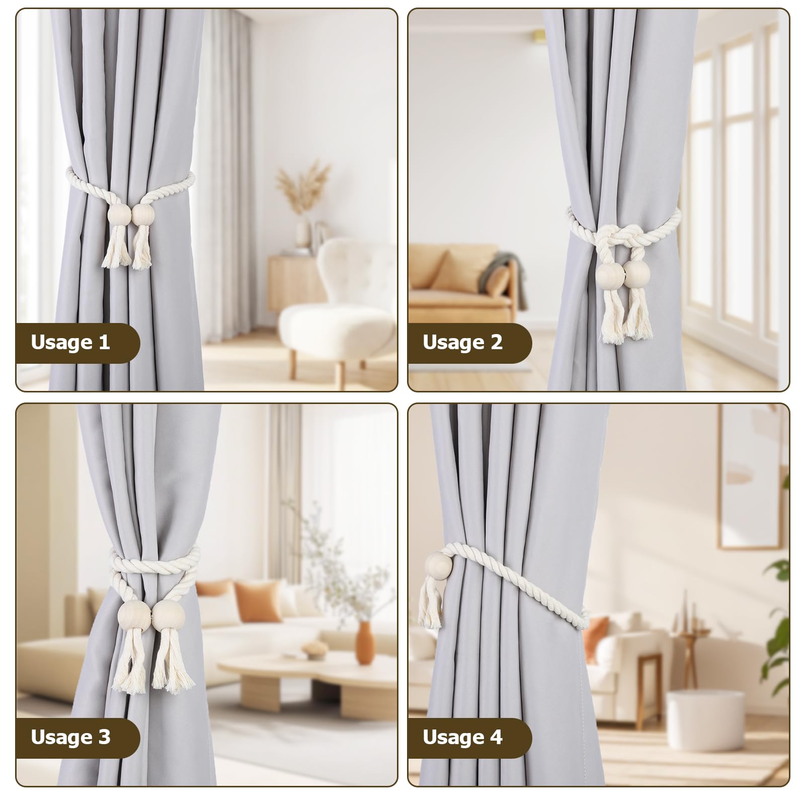 OTraki Lot de 4 Embrasse pour Rideaux Magnétique, Attaches Rideau en Coton tissé à la Main, Pince Rideau sans Percage pour Tous Types de Rideaux (Beige)