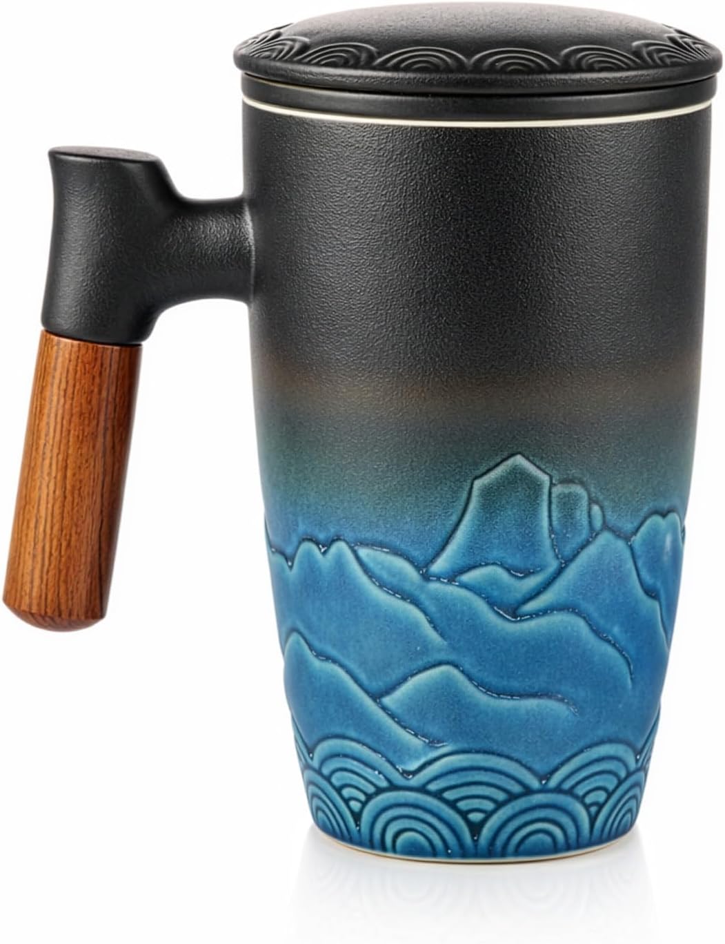 Tea Infuser Mug with Lid Wooden Handle Gifts for Tea Lovers, Steeper with Filter Cover Lid Tea Mugs Ceramic Tea Cup (Cyan,Black) (Cyan,Black)