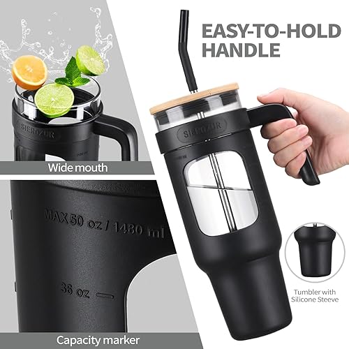 Miniatura 3 de SIEROZUR Vaso de vidrio de 50 onzas con tapa y popote. Botellas de agua de vidrio con asa, vaso de vidrio con marcador de tiempo y funda de