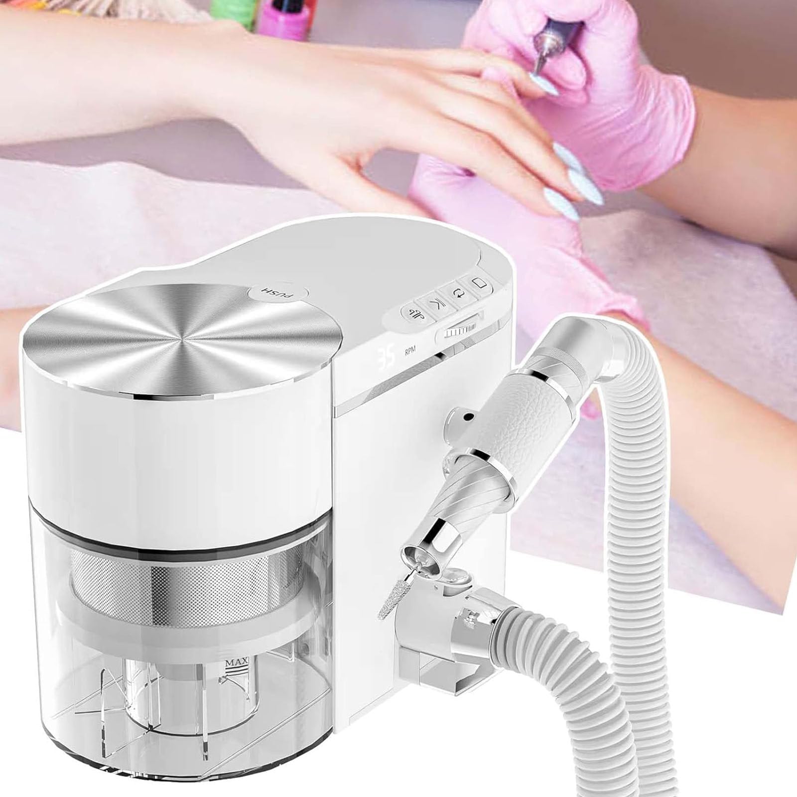 Aspirador Para Taladro De Uñas 2-En-1, Taladro Eléctrico 30000 RPM Con Extracción Polvo, Motor Brushless, ≤68db De Ruido, Cuatro Funciones Botones, Manguera Flexible, Uso Profesional Y Doméstico