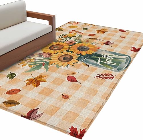 Miniatura 9 de Bedroom Rugs 2.7x5 Ft, Sunflower Non-Slip Area Rugs for Living Room Bedroom Entryway, Orange Plaid Farmhouse Leaves Watercolor Retro Washable Carpet