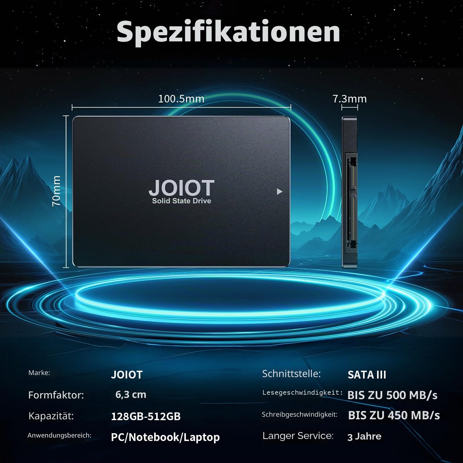 JOIOT Interne SSD 512gb Festplatte SSD SATA III SSD 2.5 Zoll 500 MB/s Lesen 450 MB/s Schreiben Solid State Drive kompatibel mit Desktop/Laptop/PC