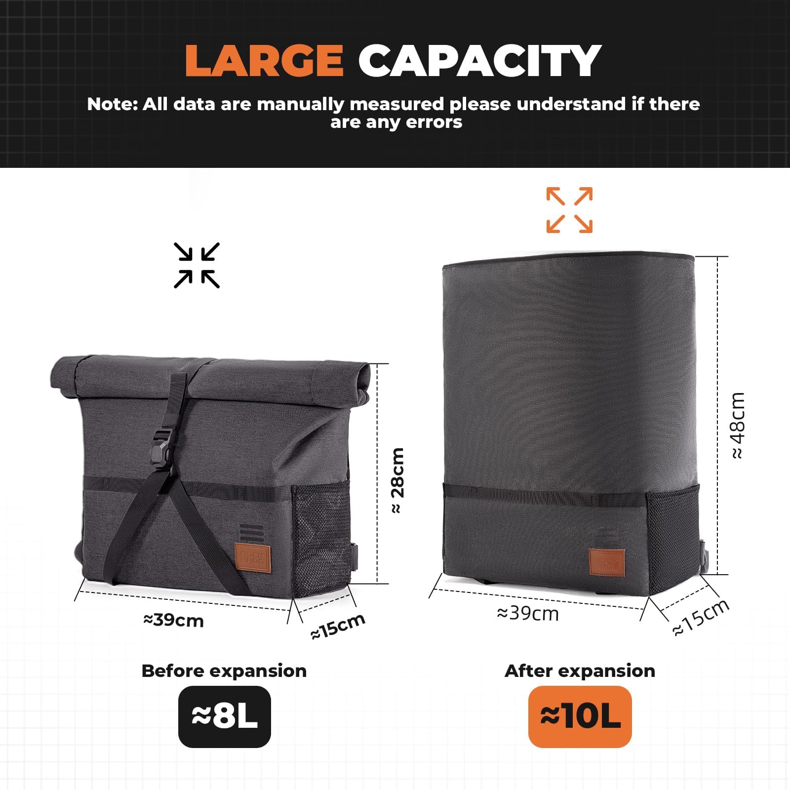 ROCKBROS Borsa Manubrio per Bici Brompton, Borsa Bici Pieghevole con Adattatore per Brompton, Sistema di Espansione a Roll-Top, 8L/10L, Nero