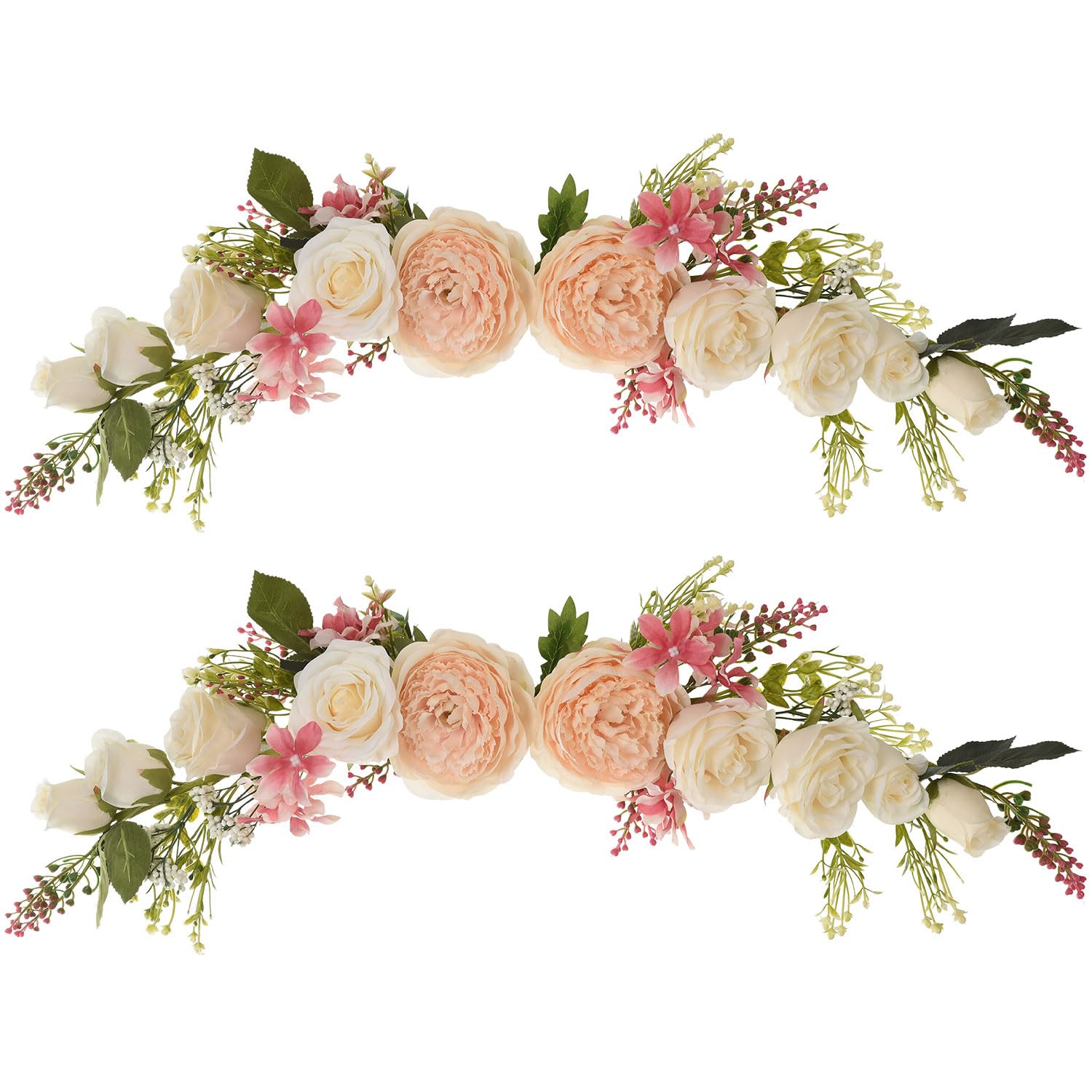 Lvydec 2 Pack Artificial Peony Flower Swag, 25 Inch Decorative Swag with Champagne Peony White Rose and Green Leaves for Wedding Arch Front Door Wall Decor