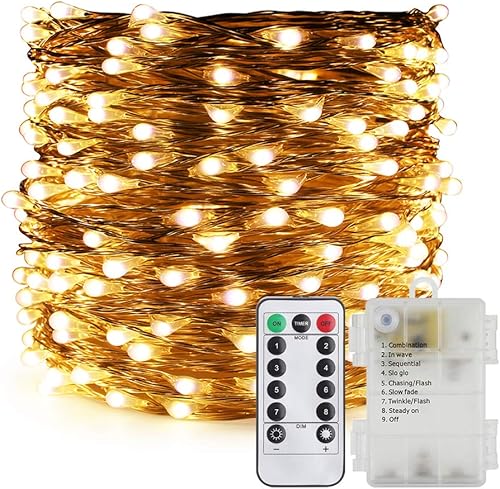 ER CHEN 200 luces LED, luces de hadas impermeables que funcionan con pilas, con control remoto, 66 pies, 8 modos, alambre de cobre recubierto de