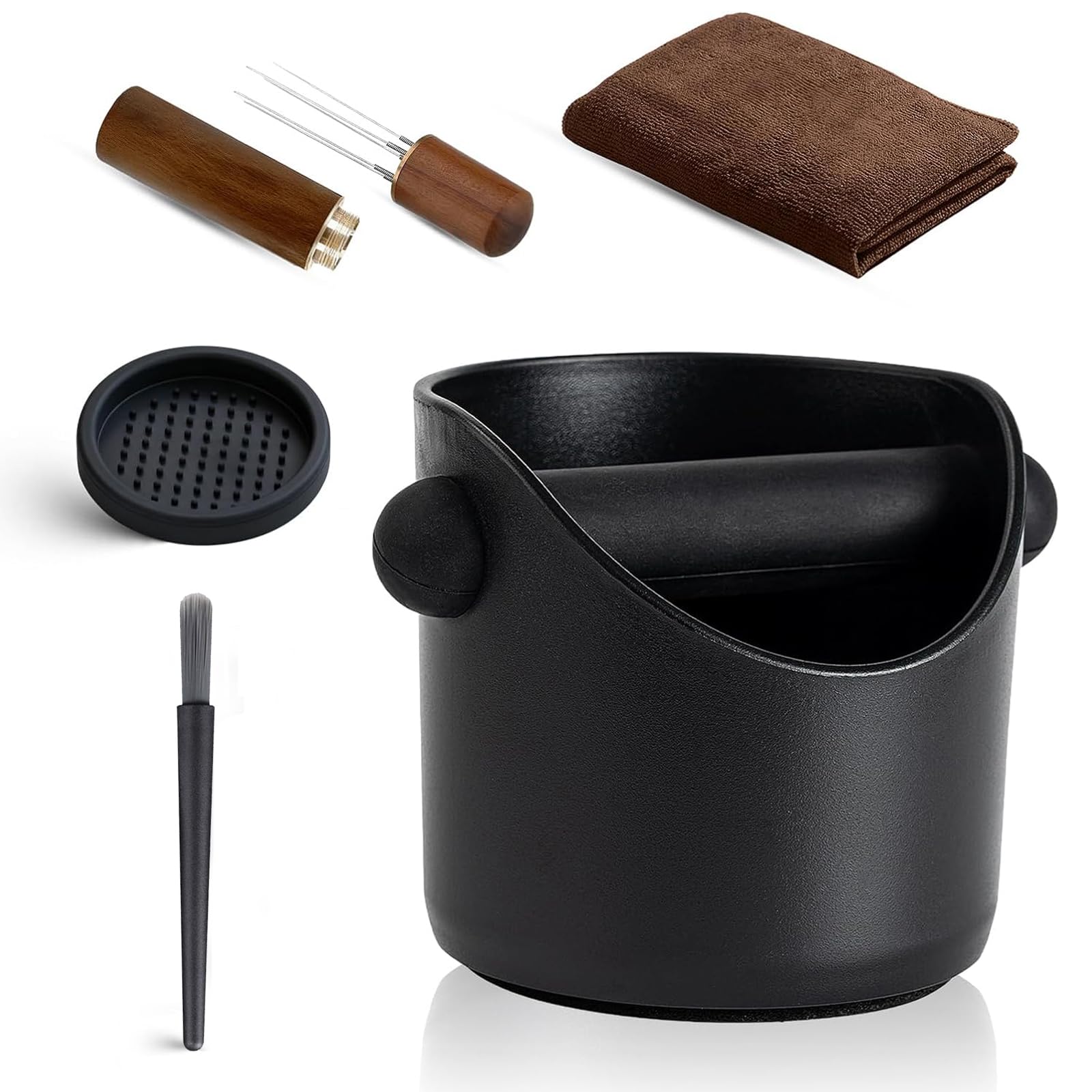 Espresso Coffee Knock Box, Coffee Machine Accessories with 2 pcs Brushes, Removable Knock Bar and Non-Slip Base with Coffees Stirring Needle and Towel, Coffees Bin for Home/Office ect (Black)