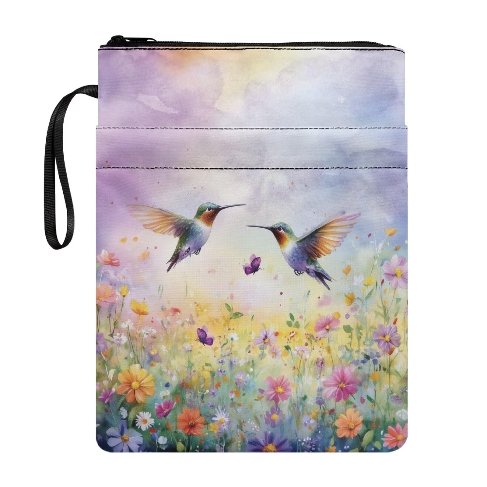 Wanyint Book Sleeve Book Cover Lightweight Book Protector with Zipper Washable Fabric Book Pouch 11.4 x 8.7 Inch for Book Lovers, Hummingbird Daisy Violet