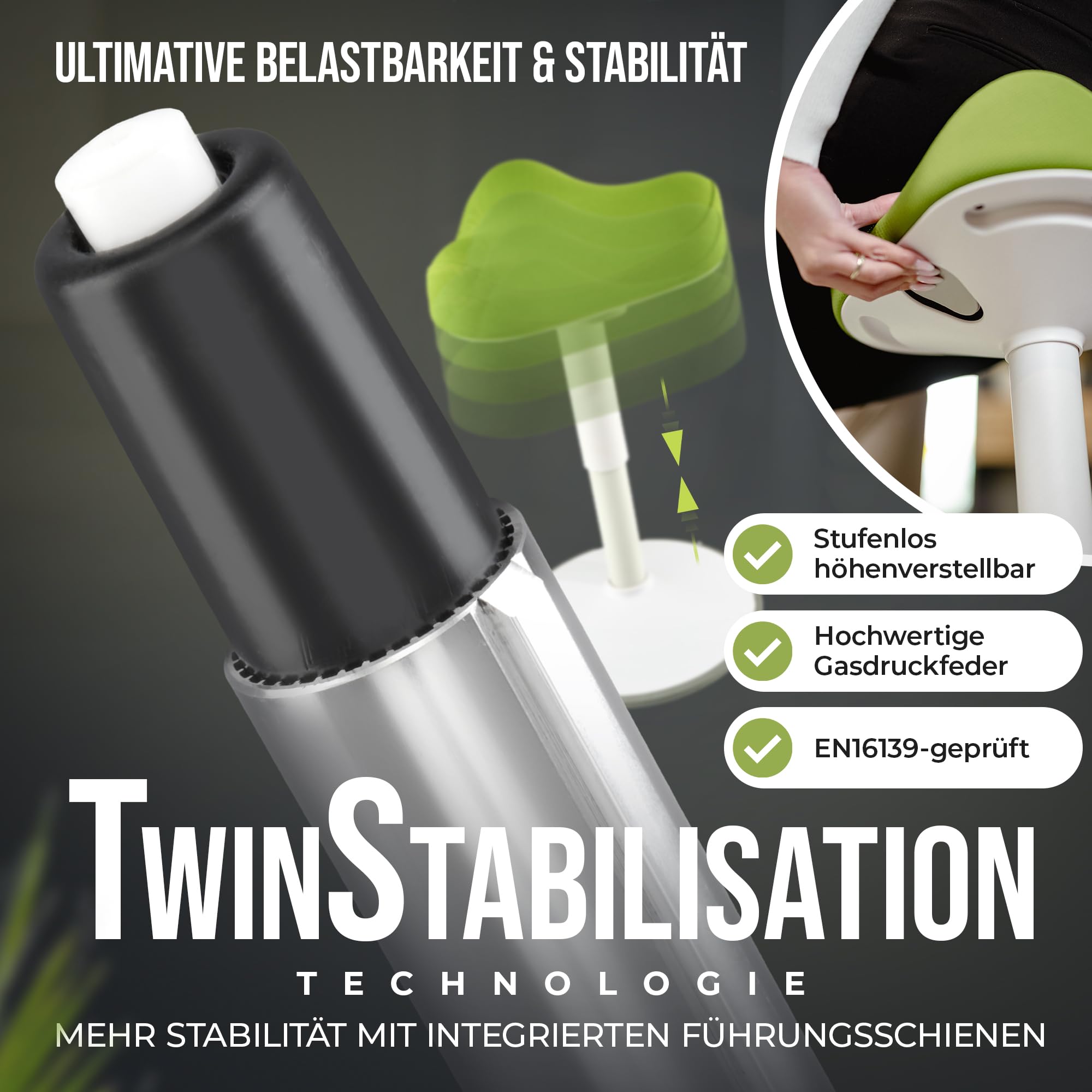 SH-01S Bürohocker Ergonomisch [IGR Zertifiziert] | Sitzhocker ergonomisch höhenverstellbar [47-65 cm]| Ergonomischer Hocker für Arbeit & Freizeit | Schwingeffekt [rutschfest] (Grün)