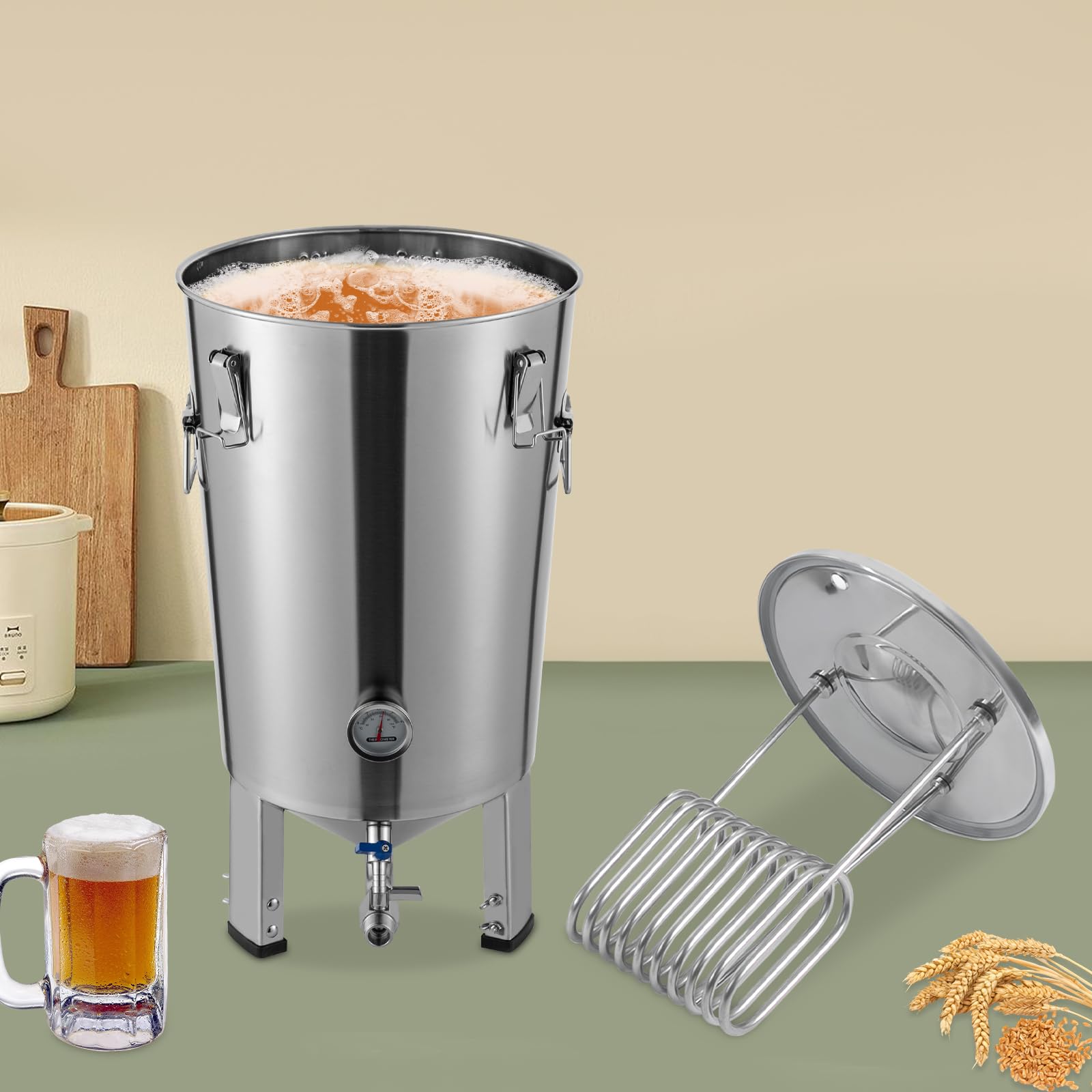 Recipiente de fermentación grande de acero inoxidable de 32 litros, apto para uso alimentario con fondo cónico y sellado hermético, adecuado para cerveza, enzimas, vino y vino de frutas