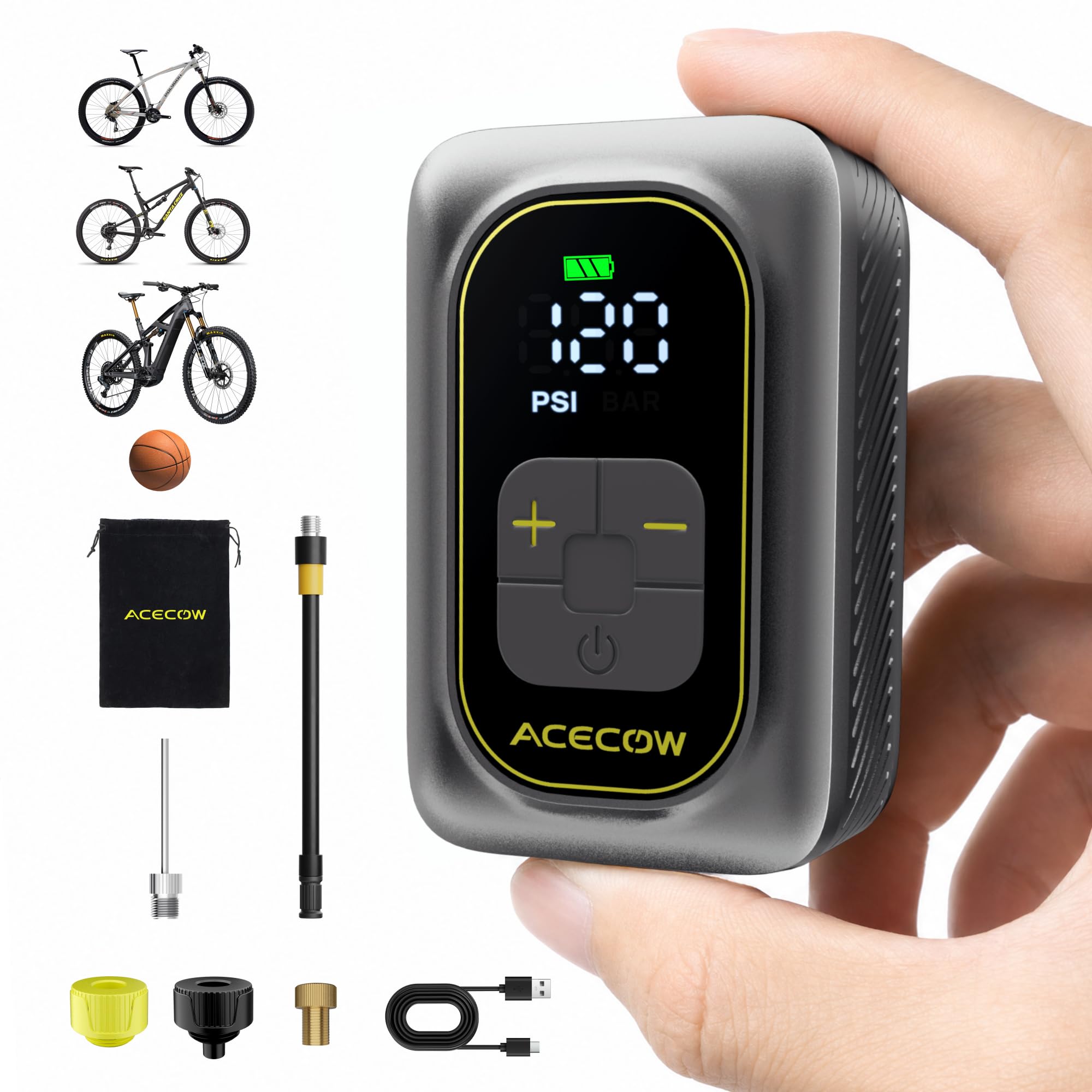 Mini Pompe à Vélo Électrique,120 PSI Gonfleur Électrique Portable avec Manomètre & Arrêt Automatique,Rechargeable avec Flexible,Valve Presta & Schrader pour Vélo de Route,VTT,Gravel,E-Bike