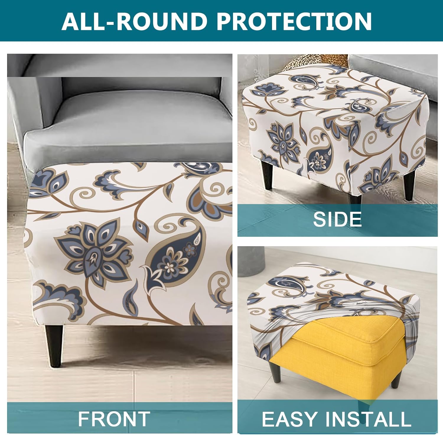 KRFOONN Stretch Ottoman Cover Slipcovers Rectangle Fit Length 39"-47" Footrest Stool Covers Printed Ottoman Cover for Foot Stool Furniture Protector with Non Slip Elastic Bottom, Color 17