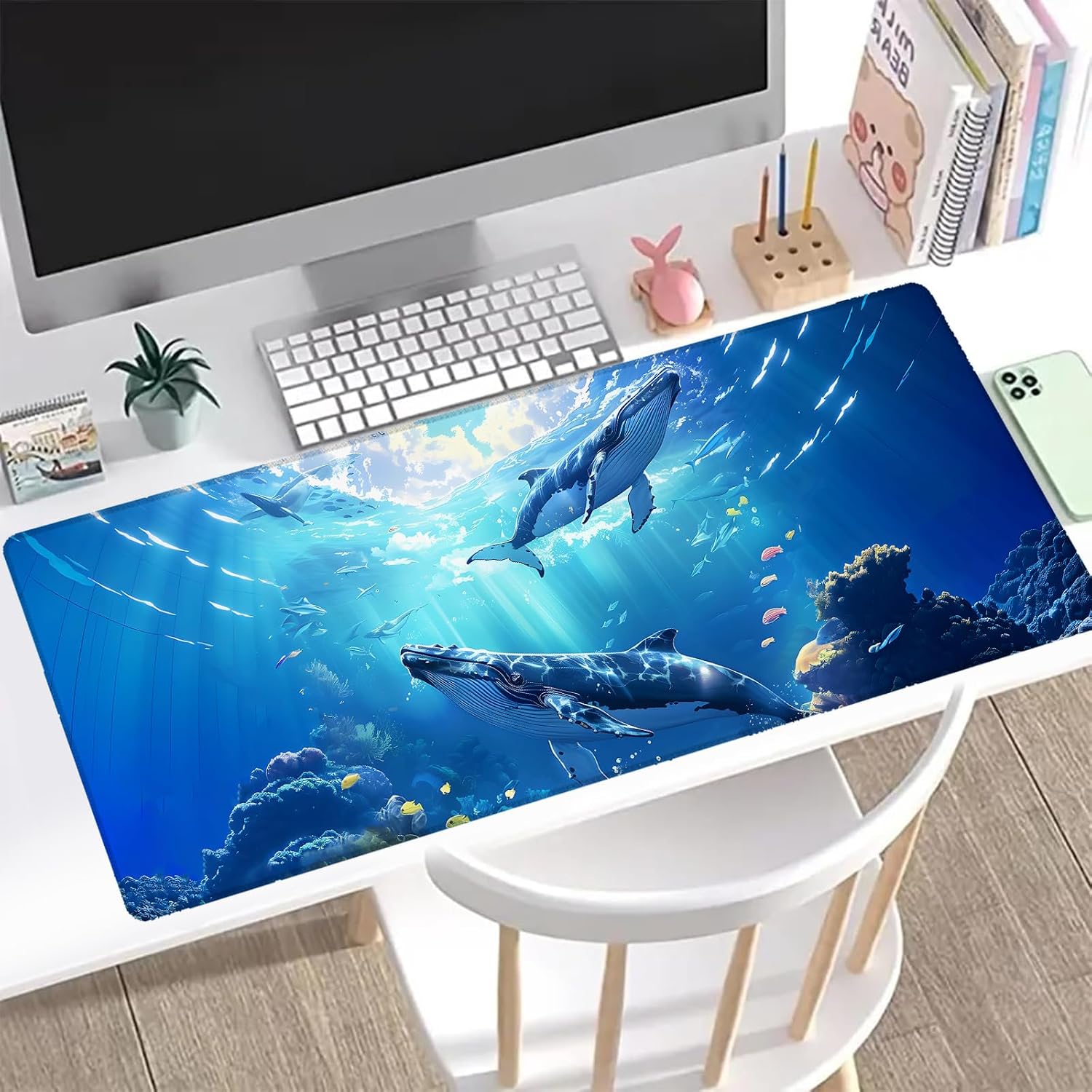 Ocean Whale Gaming Mouse Pad, Office Desk Mat, Anti-Slip Rubber Base Cool Aesthetic Mouse Pads for Computer Laptop Keyboard School Home Desktop Gamer Home Accessories Decor 31.5" x 11.8"
